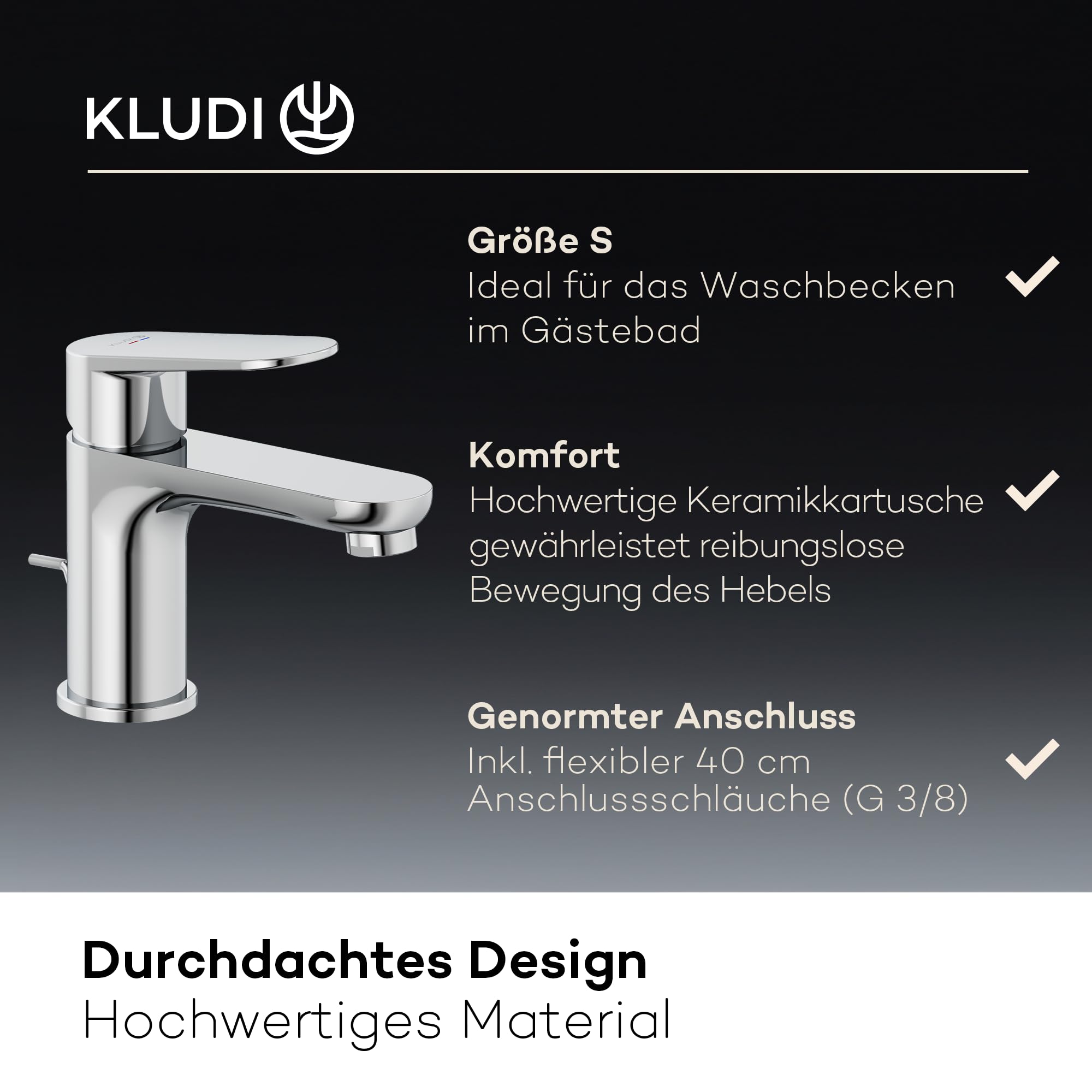 KLUDI-X1 Wasserhahn Bad mit Zugstangen-Ablauf, Auslaufhöhe 75 mm, wassersparende Waschtischarmatur Größe S, Keramikkartusche, Mischbatterie Waschbecken inkl. Anschlussschläuche in Chrom