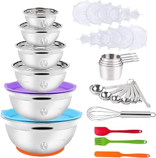 Alpacasso Lot de 35 bols mélangeurs en acier inoxydable avec pondoir et cuillère, 12 couvercles réutilisables en silicone extensible, fouet antidérapant