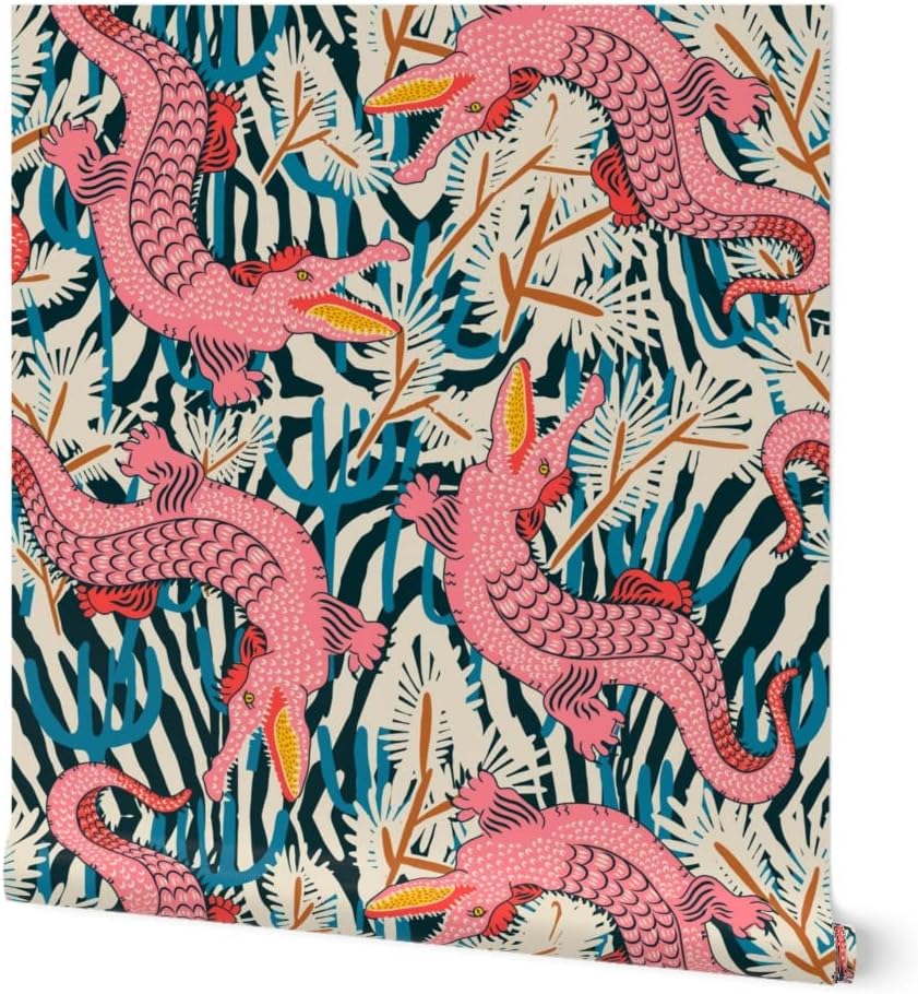 Spoonflower Peel & Stick Wallpaper Swatch - Pink Gator Bright Animal Alligator Maximalism Reptile Large Scale Tropical Floral Crocodile Custom Removable Wallpaper