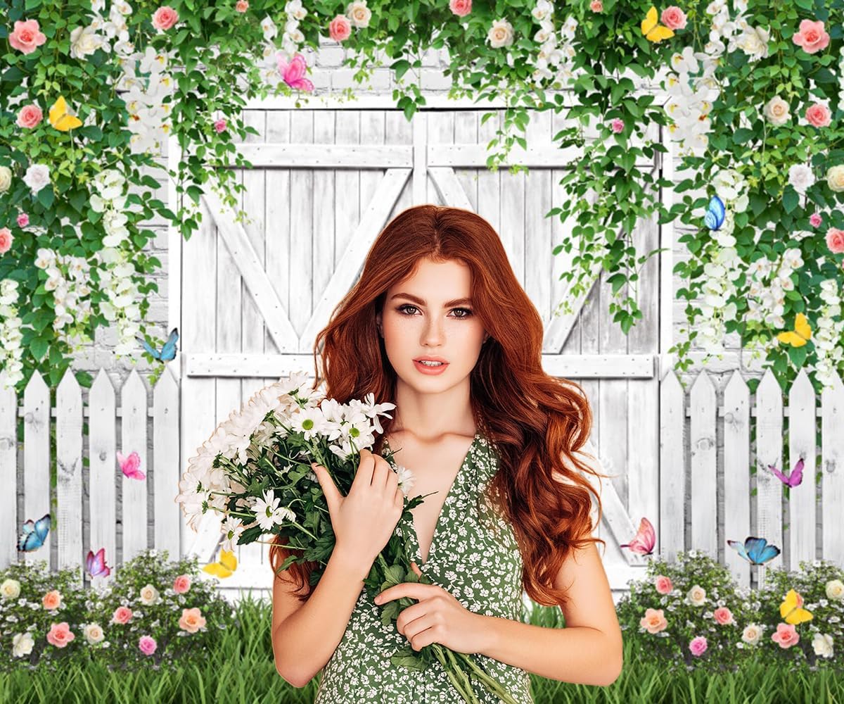 Spring Backdrop 10x8ft Easter Green Leaves Flower White Barn Door Easter Backdrops for Photography Background Birthday Bridal Shower Wedding Photo Backdrop Party Decorations Photo Props