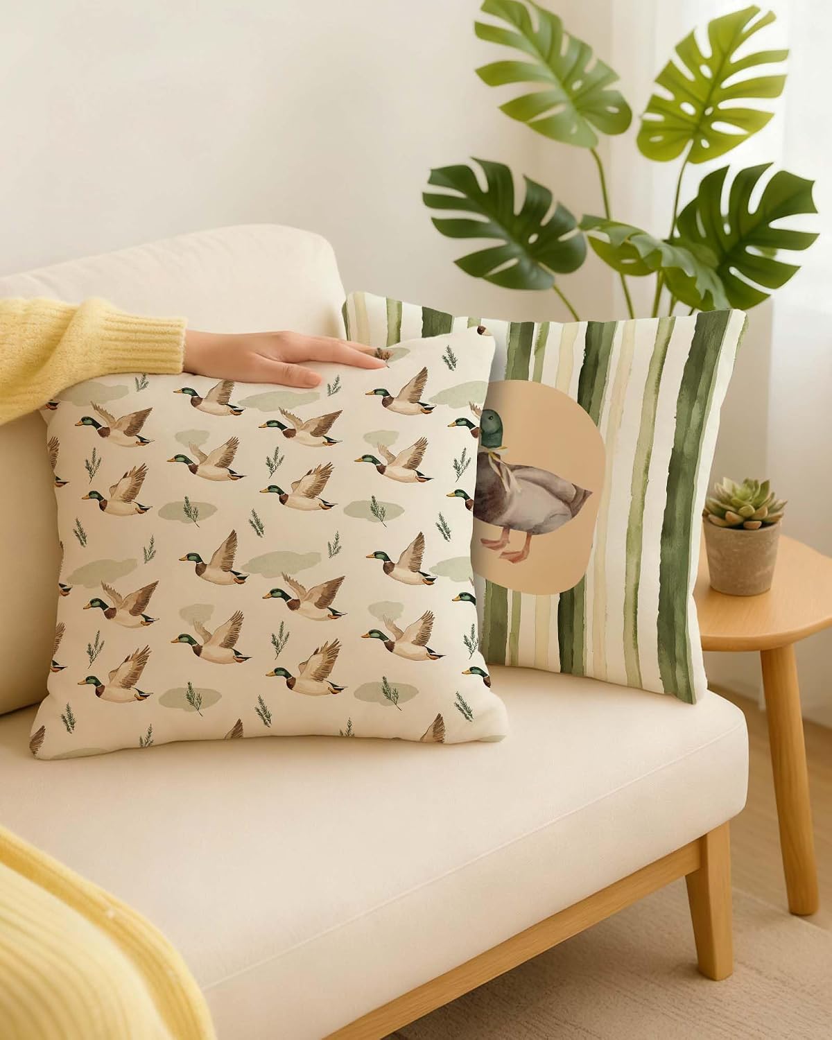 Vintage Mallard Duck Pillow Covers 18x18, Mallard Duck Nursery Decor, Farmhouse Farm Animal Green Striped Decorative Throw Pillow Covers for Kids Room Home Living Room Bedroom Set of 4 image 4