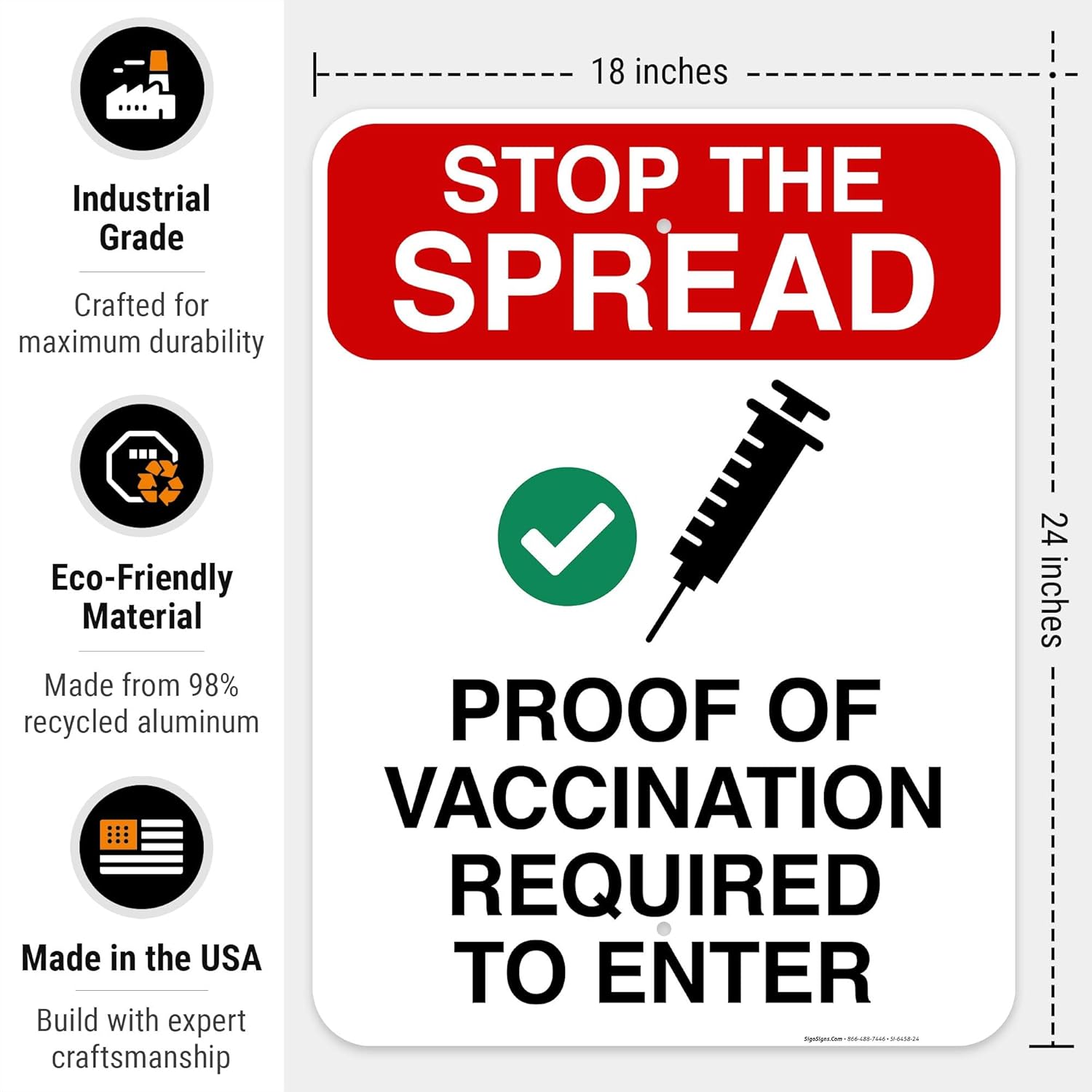 Stop The Spread Proof of Vaccination Required to Enter Sign, Covid Vaccine Sign, 18x24 Inches, Rust Free .063 Aluminum, Fade Resistant, Indoor/Outdoor Use, Made in USA