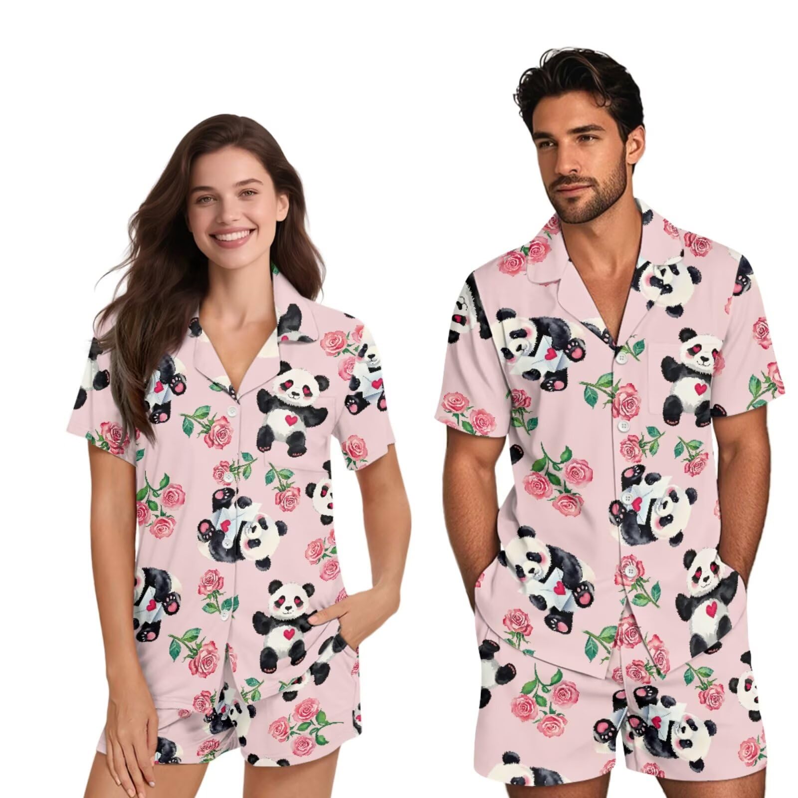 Conjunto de pijama a juego para parejas, casual, manga corta, con botones, con pantalones y bolsillos
