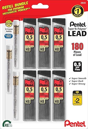 Pentel Paquete de recambio de borrador y plomo para lápices mecánicos, paquete económico de repuestos de plomo de alta calidad, 0.020in, 6 paquetes