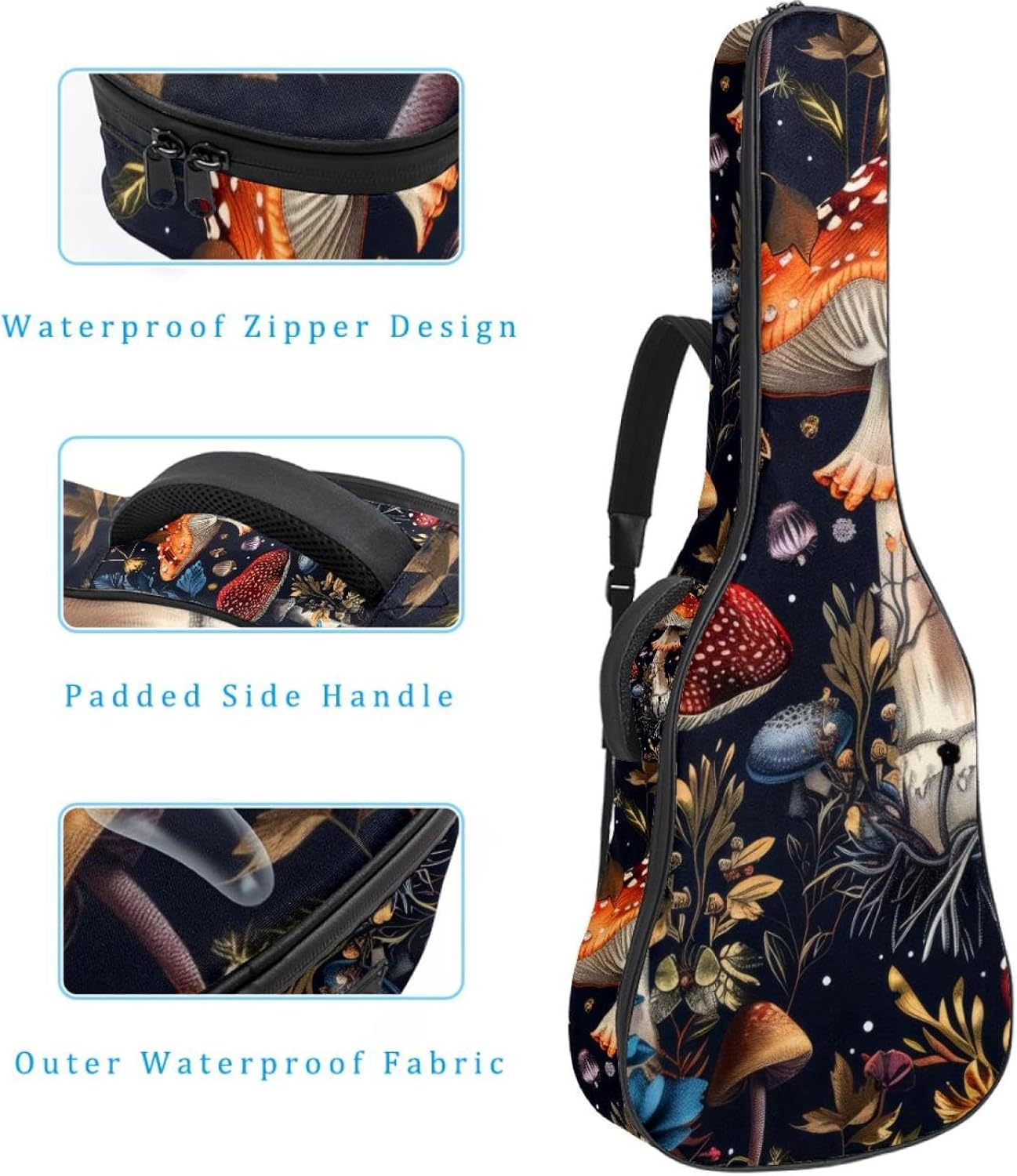 Acoustic Guitar Gig Bag 1 cm Thick Padding, Waterproof Electric Guitar Bag 40-42 Inch Guitar Case Backpack with Dual Shoulder Strap, Vintage Mushroom Retro Dark Pattern