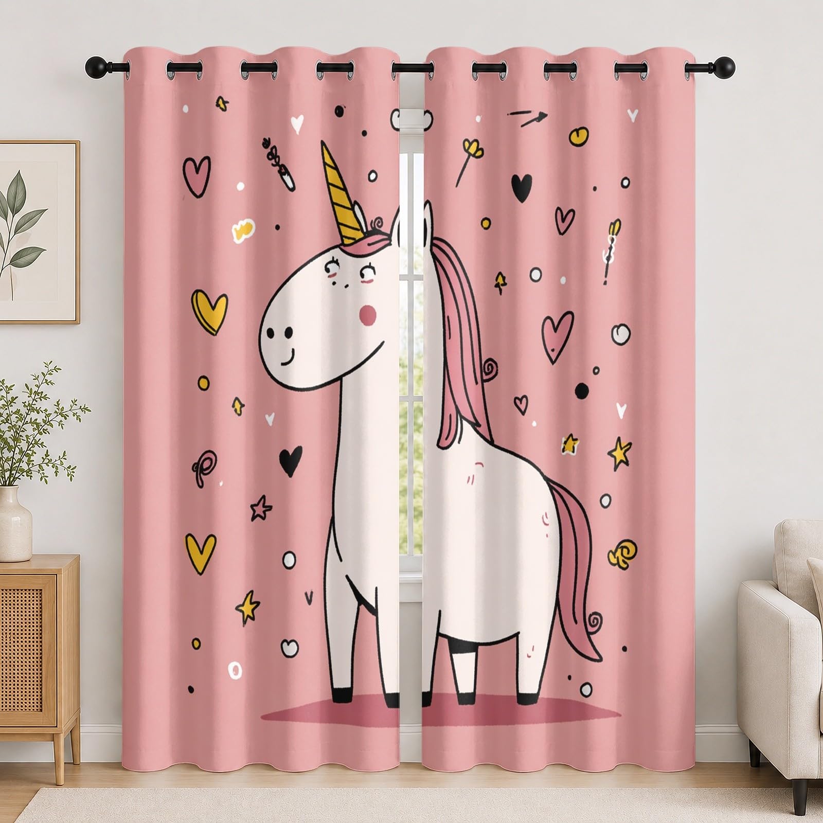 Thermiques Isolants Anti-Fondu Rideaux À Oeillets,140 x 245 cm (LxH) Dessin Animé Licorne CœUr Lot de 2 Occultants Rideaux,Draperies Opaquerideau Rose pour Salon Chambre d'enfant