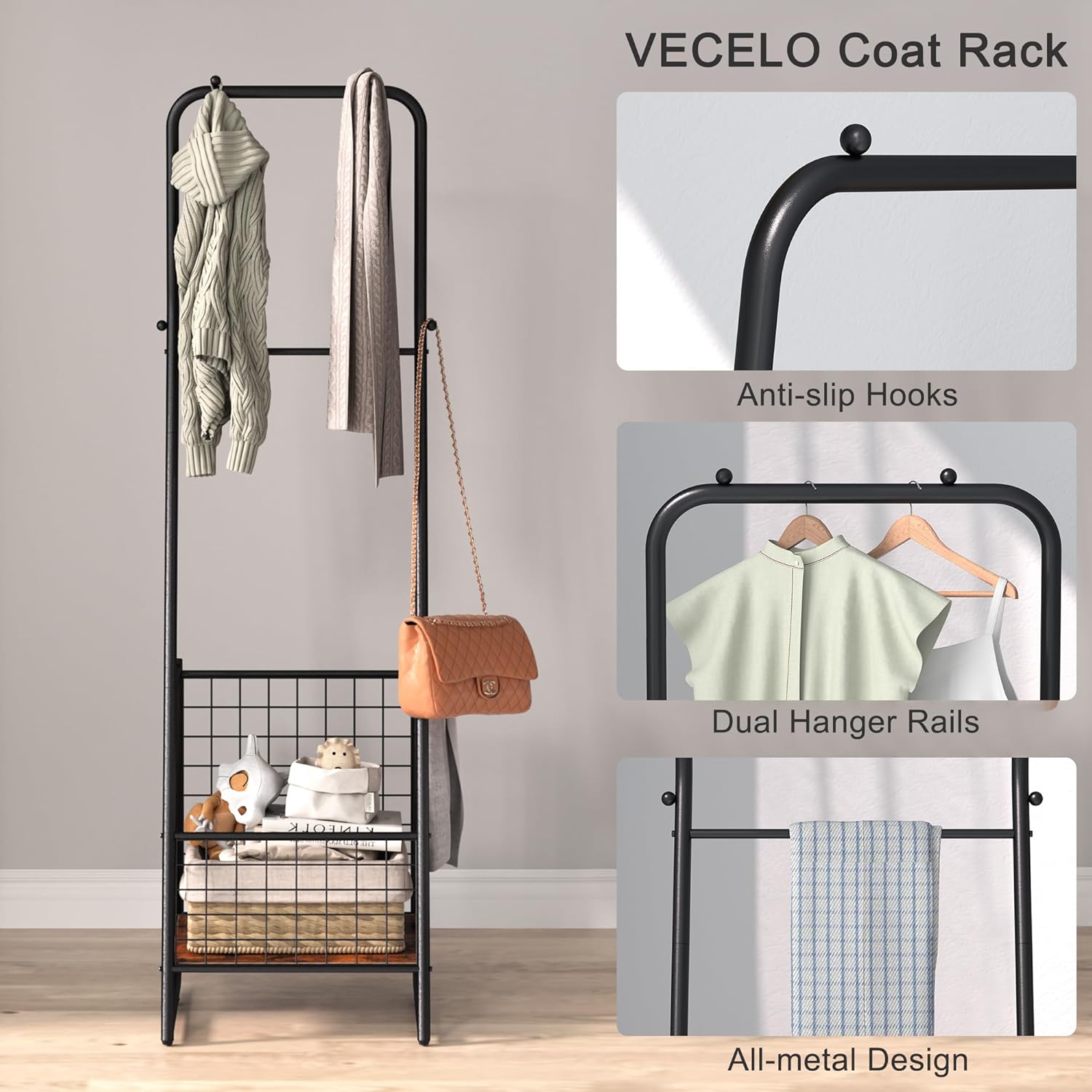 VECELO Metal Coat Rack Stand with Anti-Drop Design, Space Saving Hall Trees with Steel Basket,Small Garment Organizer with 2 Handy Cloth Rails and Slipper Space, Rectangle, Rustic Brown