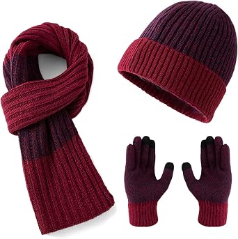 Lallier Winter 3Pcs Mens Wool Hat Scarf Touchscreen Gloves Set, Warm Beanie Skull Cap Scarf Thermal Glove Set for Men