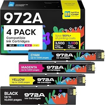 iNKPAD 972A Ink Cartridges 4-Pack Standard for HP PageWide Pro 477dw | Compatible 477dw/dn, 577dw/z, 452dn/dw, 552dw, P55250/P57750,3.5K black/3K color pages, Business-grade pigment ink