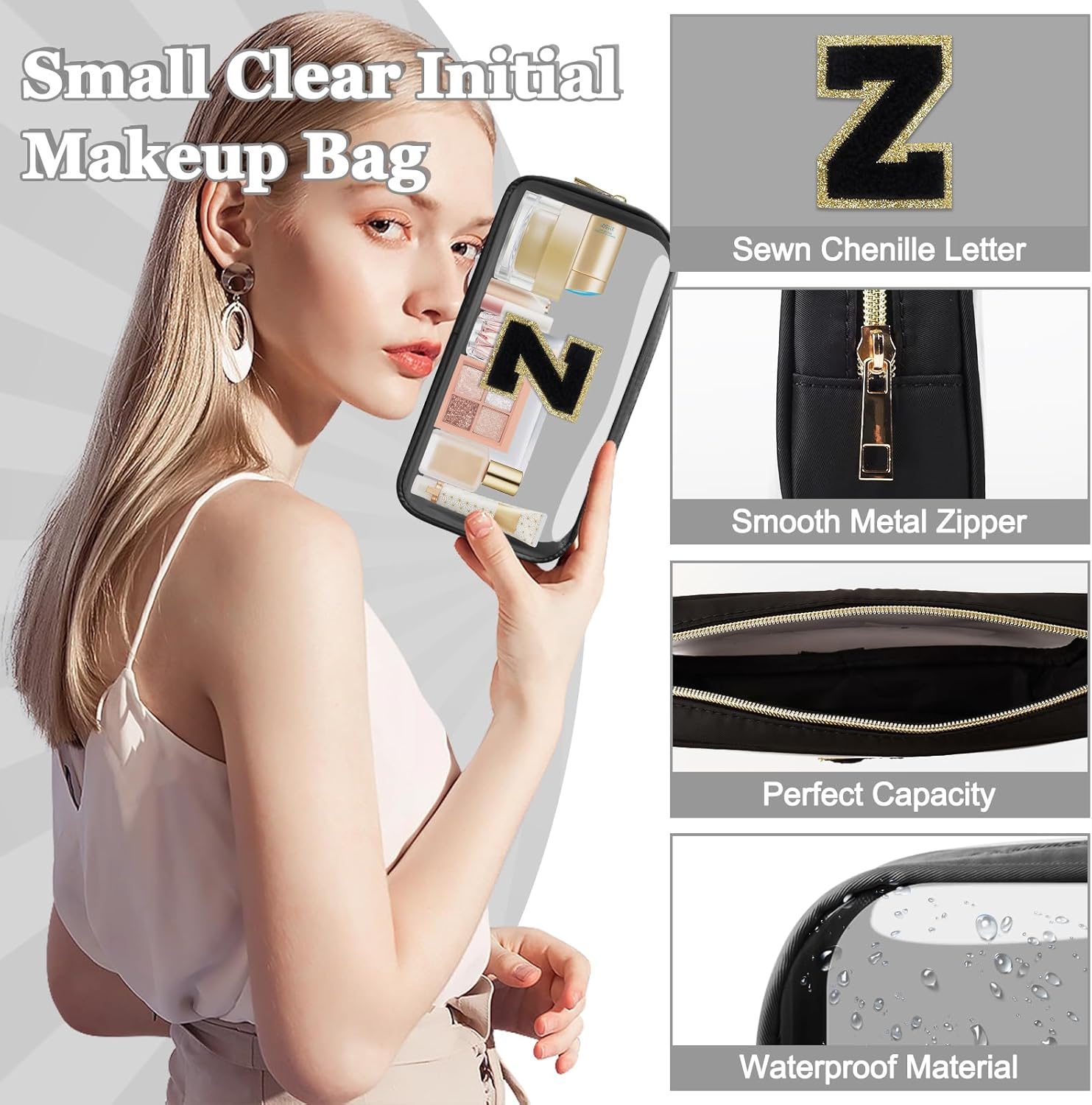 Small Clear Personalized Initial Makeup Bag, Preppy A-Z Chenille Letter Patch Cosmetic Bag, Cute Transparent Nylon Waterproof Zipper Beach Varsity Letter Pouch, Gift for Women Girls(Black-Black Z) - Image 3