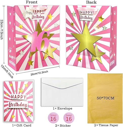 Miniatura 9 de Bolsa de regalo de cumpleaños número 13 con papel de seda, bolsa de regalo de cumpleaños rosa de 13 pulgadas con tarjeta y papel de seda, regalos de