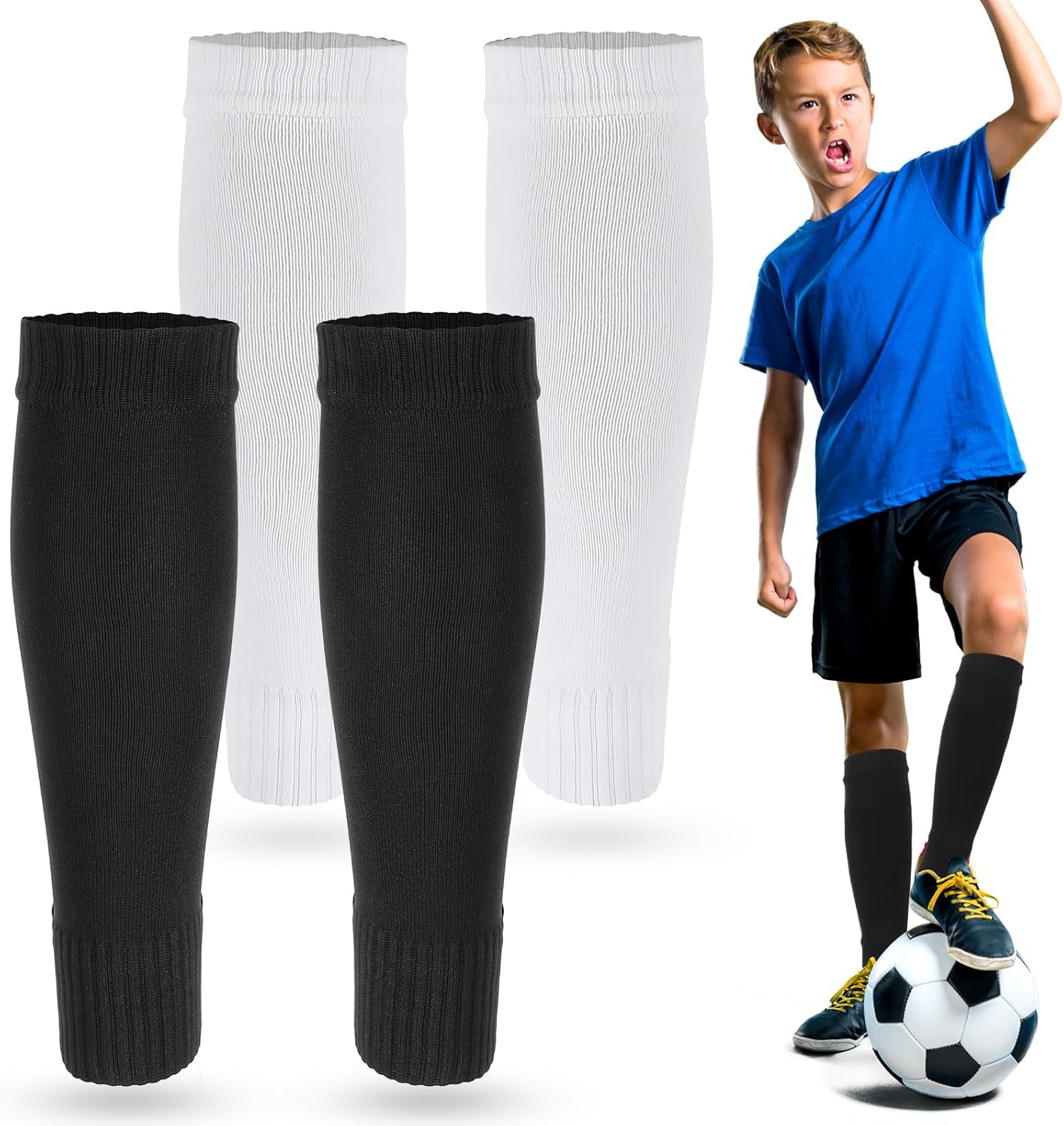 Tyqour 2 Pairs Kids Pre Cut Soccer Socks, Soccer Leg Sleeves Socks for Football Shin Guard Sleeves for Age 7-14 Youth Boys Children Football Basketball Training(White, Black)