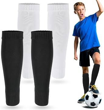 Tyqour 2 Pairs Kids Pre Cut Soccer Socks, Soccer Leg Sleeves Socks for Football Shin Guard Sleeves for Age 7-14 Youth Boys Children Football Basketball TrainingWhite, Black