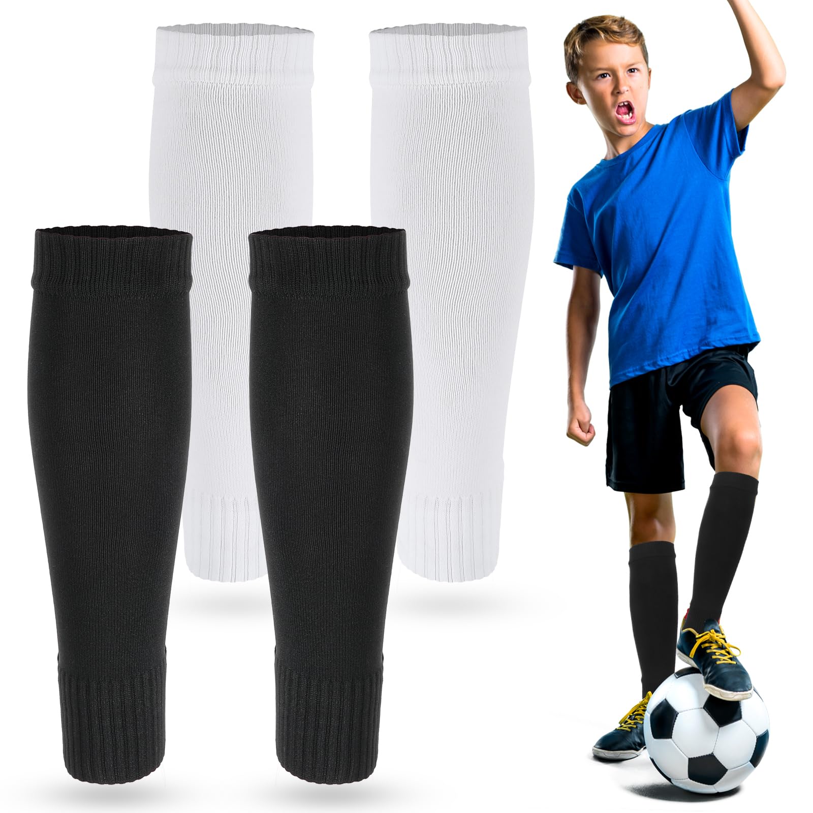 2 Pairs Kids Soccer Calf Sleeve Youth Boys Shin Compression Leg Sleeves for Football Shin Guard Sleeves for Age 7-14 Youth Boys Children Football Basketball Training(White, Black)-picture-20