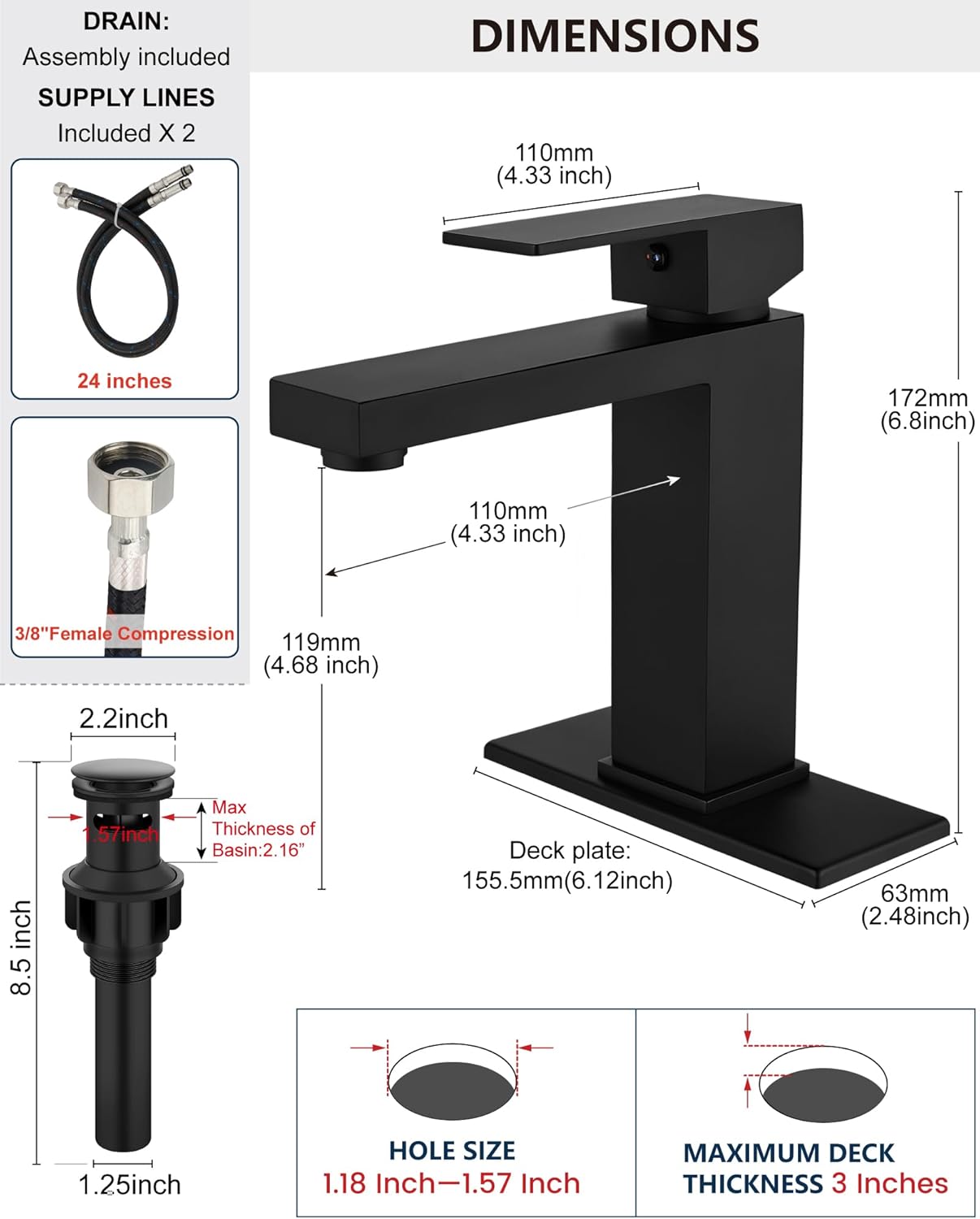 Midanya Bathroom Faucets 1 Hole, Single Handle Stainless Steel Bathroom Sink Faucet, Modern Vanity Faucets with Deck Plate,Water Supply Hoses and Pop Up Drain,Matte Black - Image 3