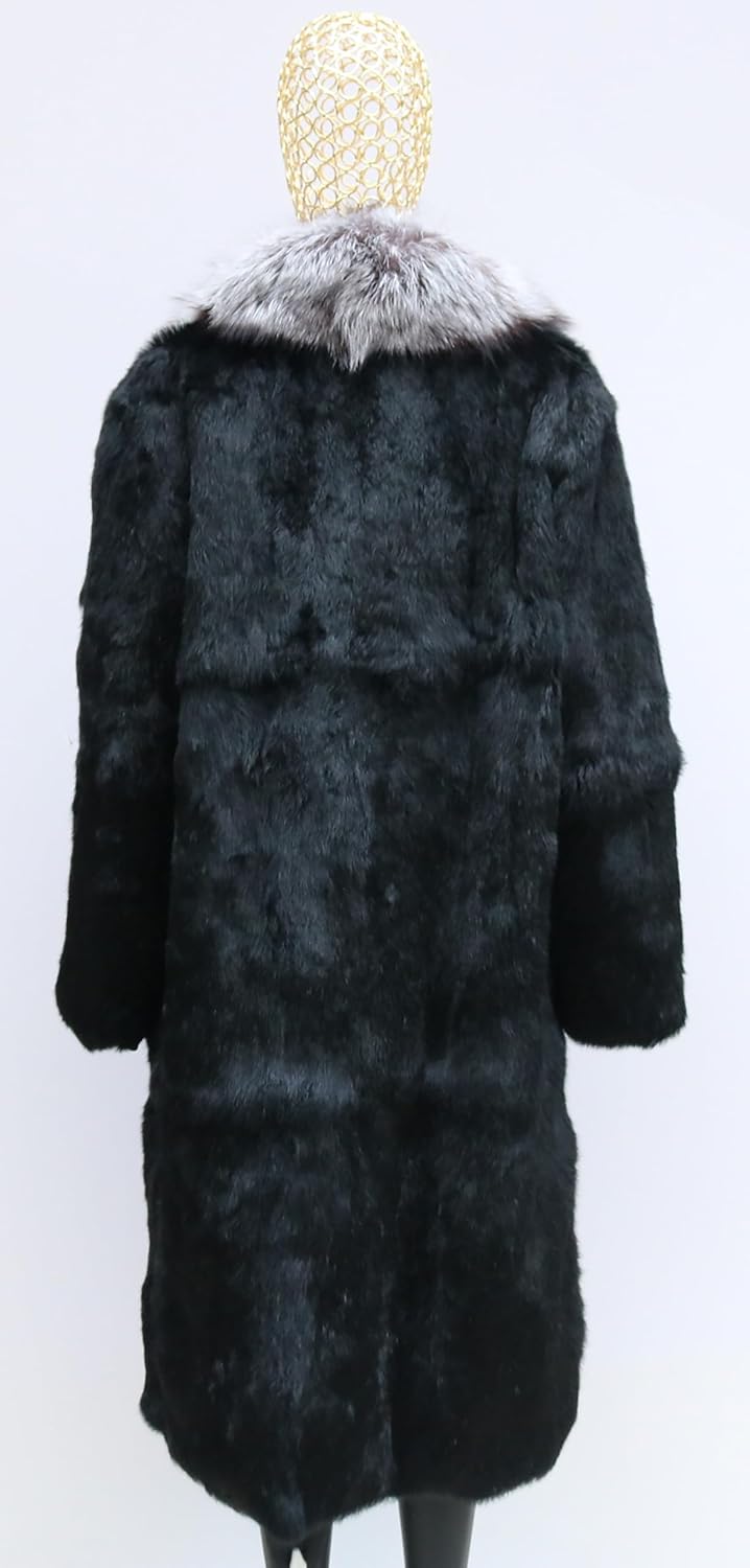 Women Genuine Rabbit Fur Long Coat Jacket with Silver Fox Fur Collar placket Luxurious