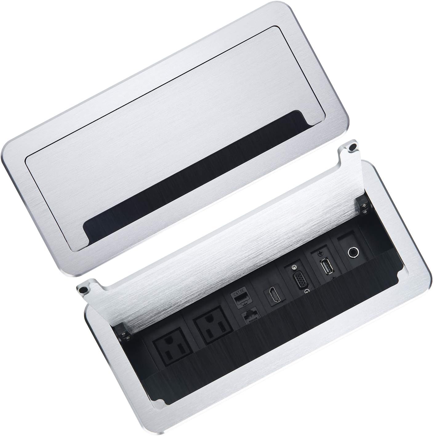 Conference Table Power Module-Tabletop Multimedia Connectivity Box Outlet,with 2 Electric Power Outlets,2 Ethernet Port,USB and HDMI(silver)