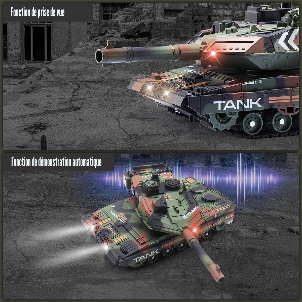 Char télécommandé RC qui tire pour Enfants Adultes, Jouets de char d'armée télécommandés 2,4G avec son de démonstration automatique, lumière, fumée, 13 canaux, modèle de véhicules militaires