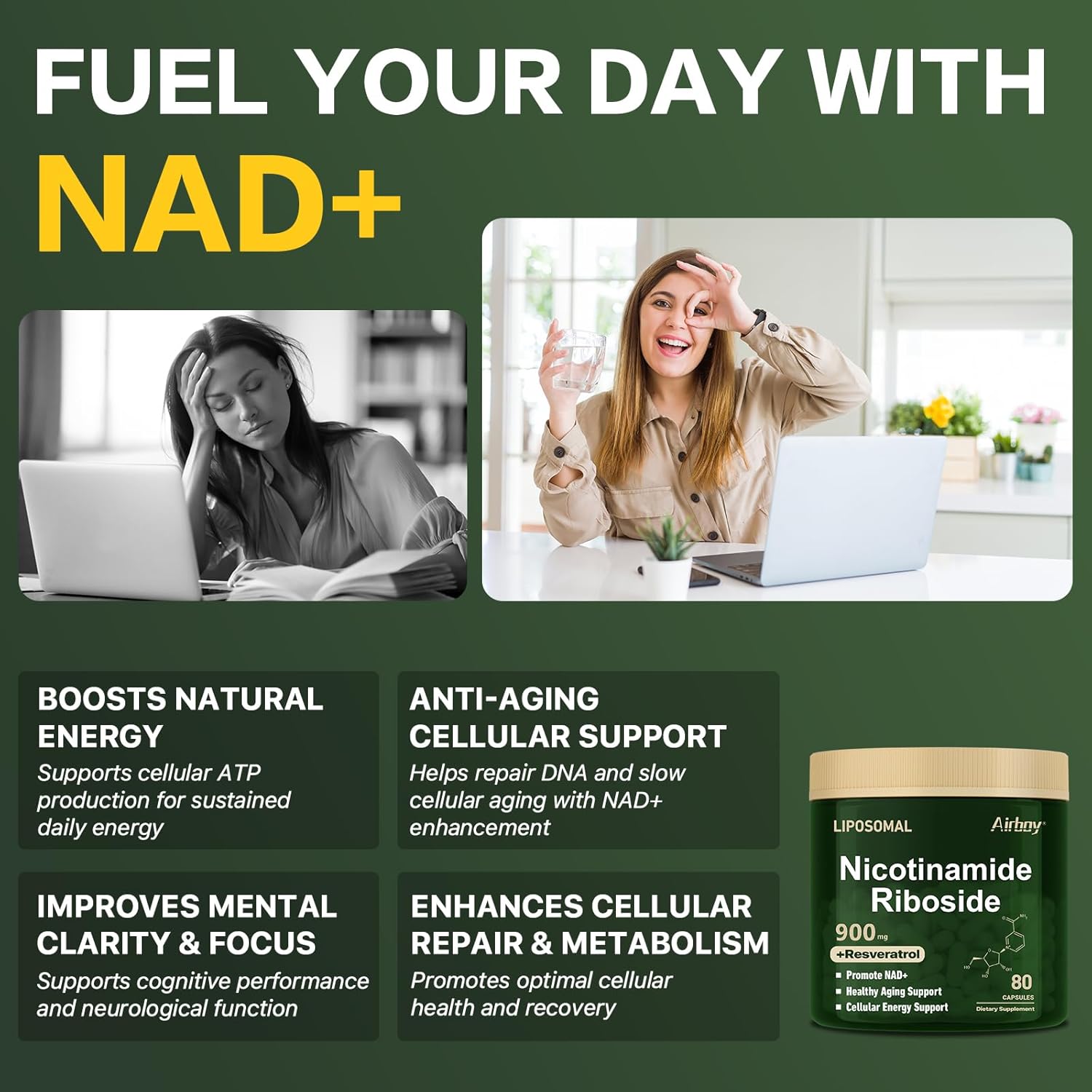 Airboy Liposomal Nicotinamide Riboside 900 mg, NAD Supplement with Resveratrol,NMN Alternative NAD Booster Support Anti-Aging, Energy, Focus - 80 Capsulesx 2 Pack - Image 4