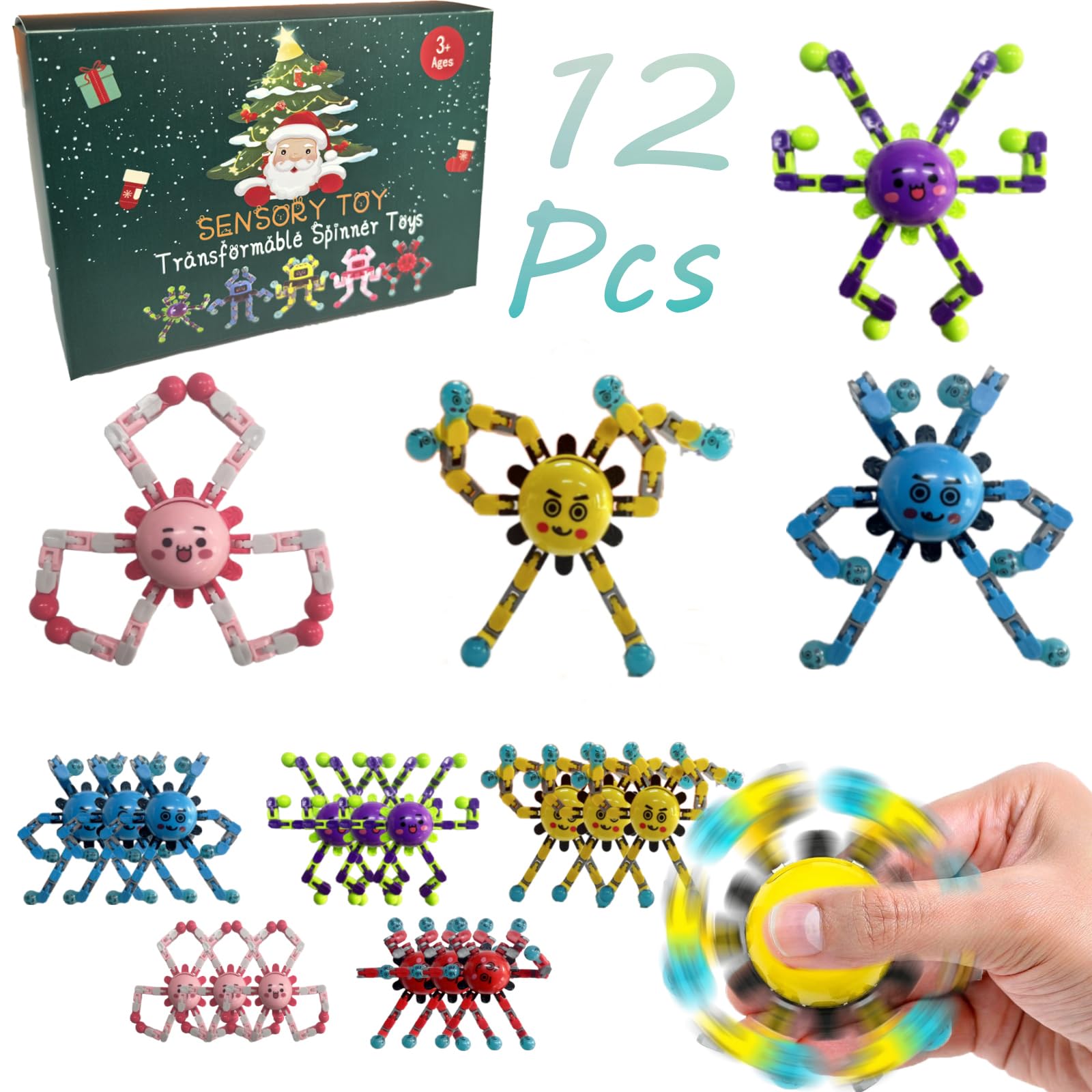 12 Pcs Transformable Fidget Spinner Toys for Kids, Stress Relief Sensory Toys for Autism ADHD, Birthday Party Favors, Easter Basket Essentials, Classroom Prizes, Stocking Stuffers for Boys Girls