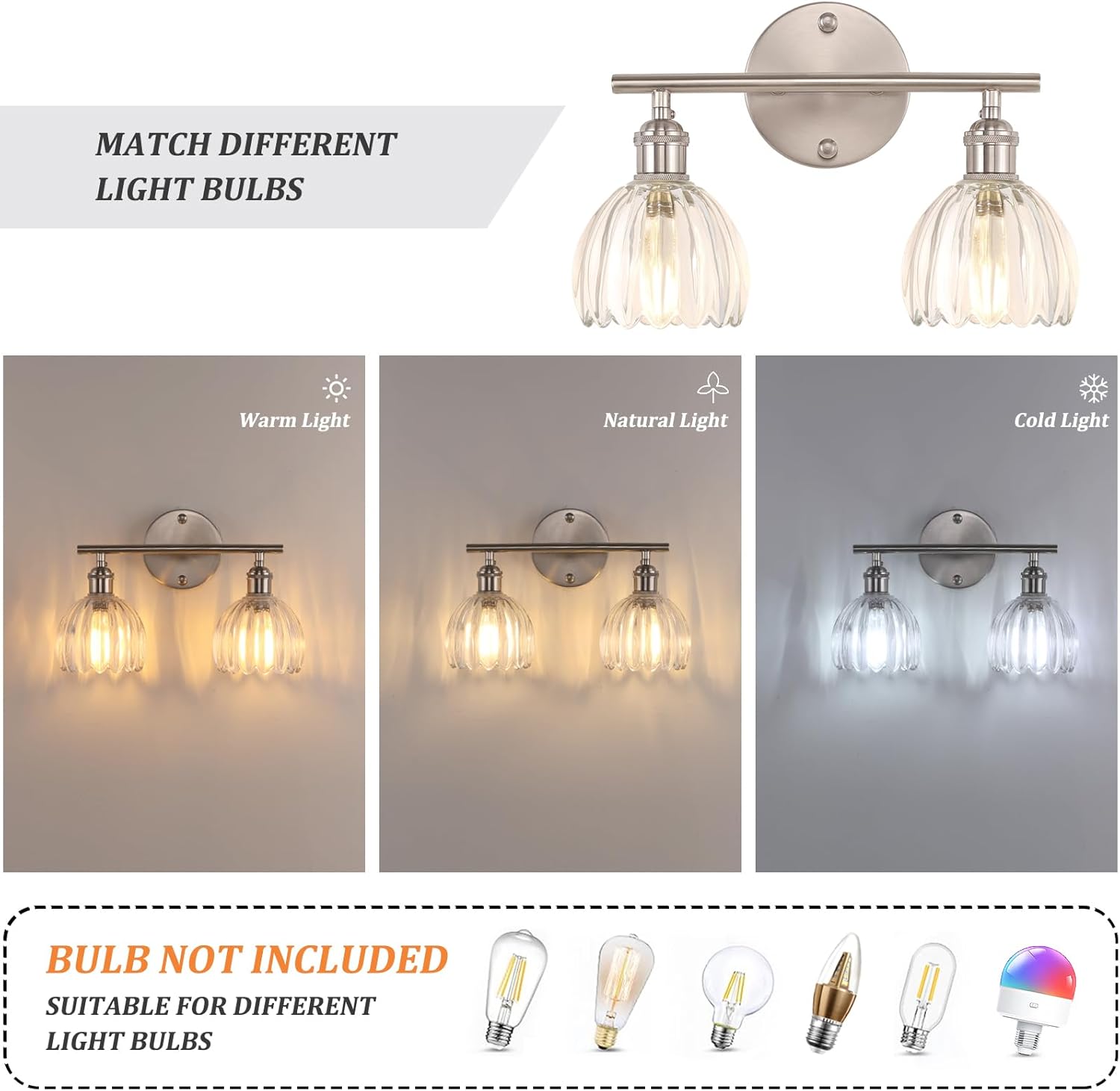 Bathroom Light Fixtures, 2-Light Vanity wall Light Over Mirror with Clear Tulip Glass Shade for Bedroom Living Room (Bulb Not Included), Satin Nickel