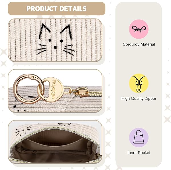 Pochette pour Serviettes Hygiéniques pour Tampons Protège Slip Culotte Menstruelle Sac de Rangement avec Fermeture Éclair pour Serviette Hygiénique Cadeau Premieres Régles Jeune Filles(Chat-Beige) - 3