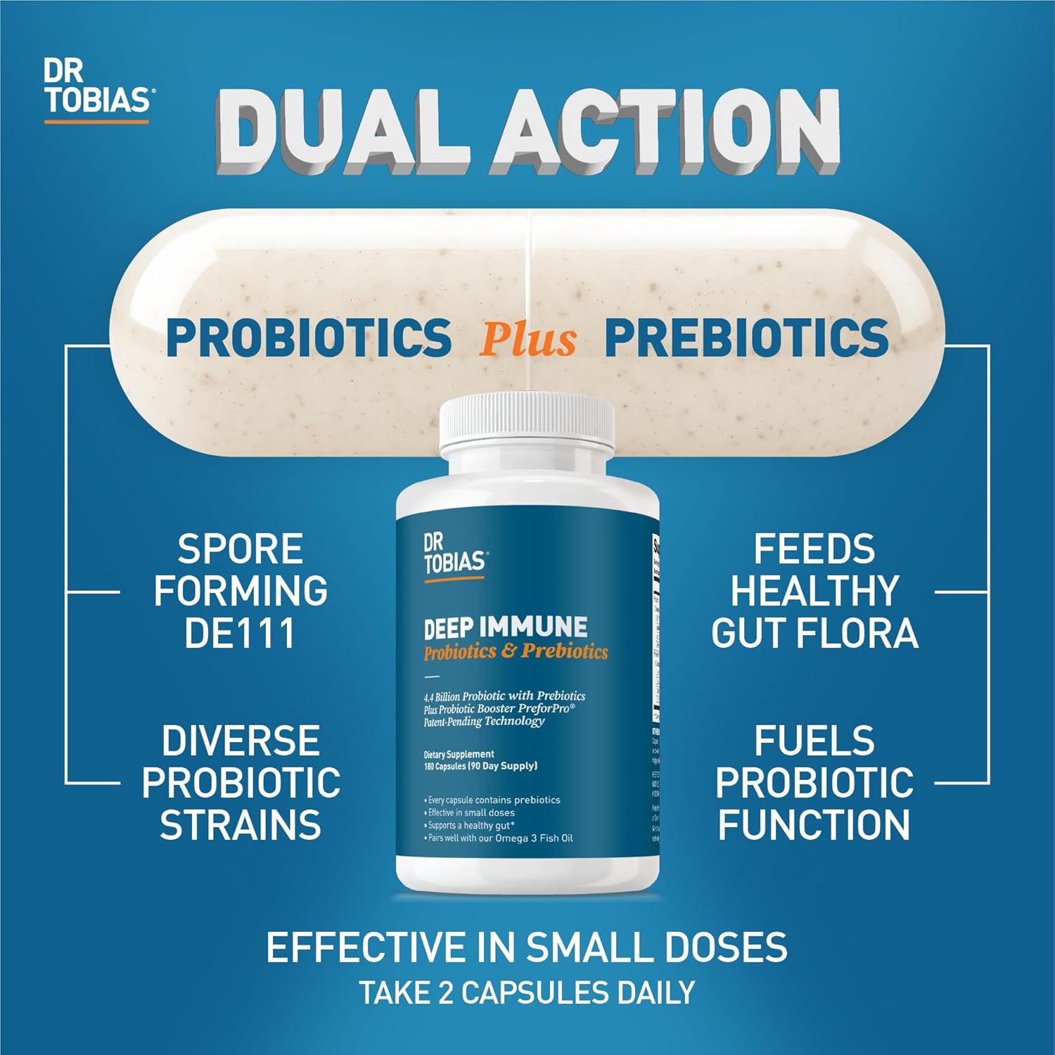 Dr. Tobias Deep Immune Probiotics & Prebiotics - Dual Action Digestion & Immune Support with PreforPro Prebiotics & Spore Forming Probiotics for Women & Men - 180 Capsules (90 Servings) - Image 2