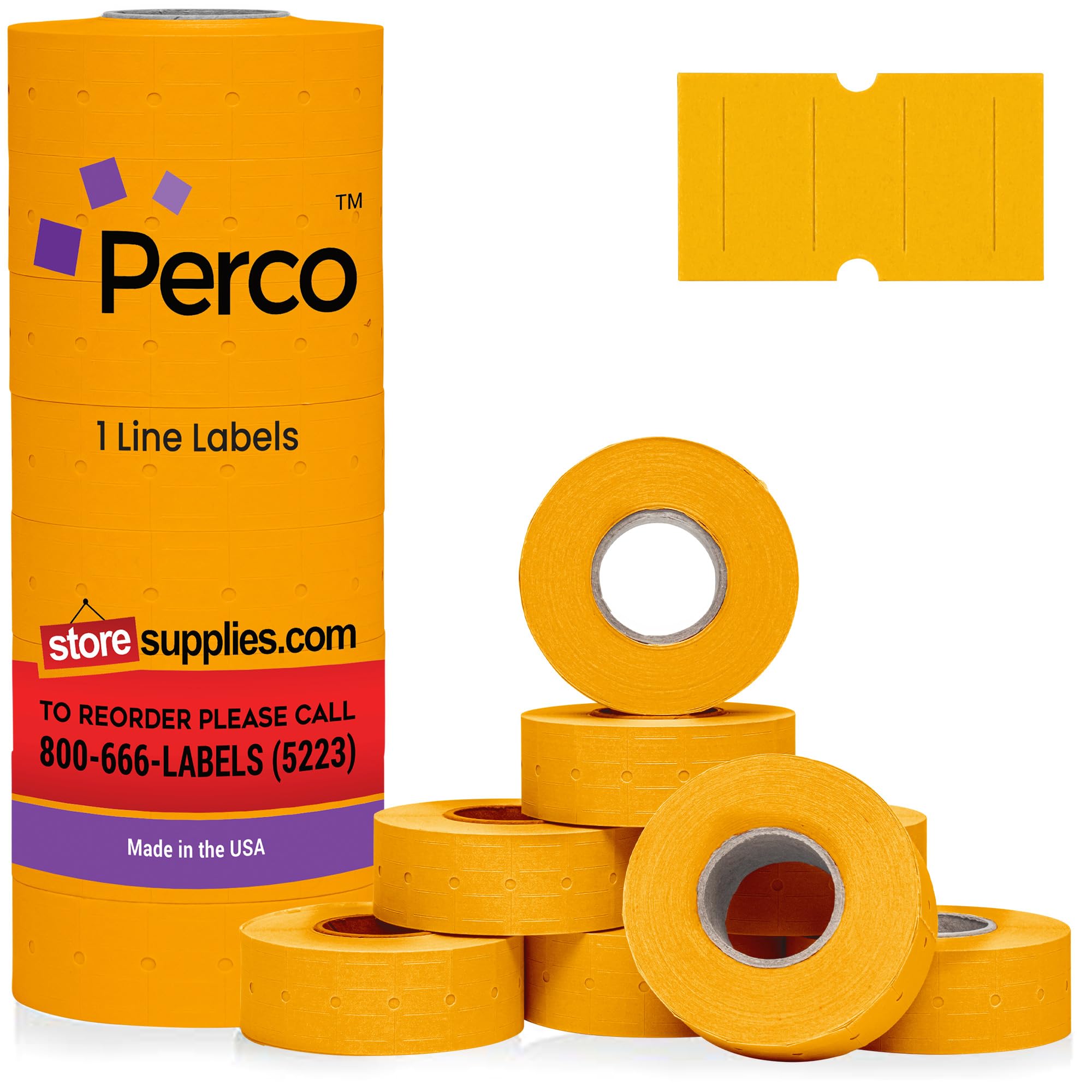 Perco 1 Line Fluorescent Orange Labels - 8 Rolls, 1 Sleeve, 8,000 Blank Price and Date Gun Labels for Perco Lite, X, Plus and Pro 1 Line Price and