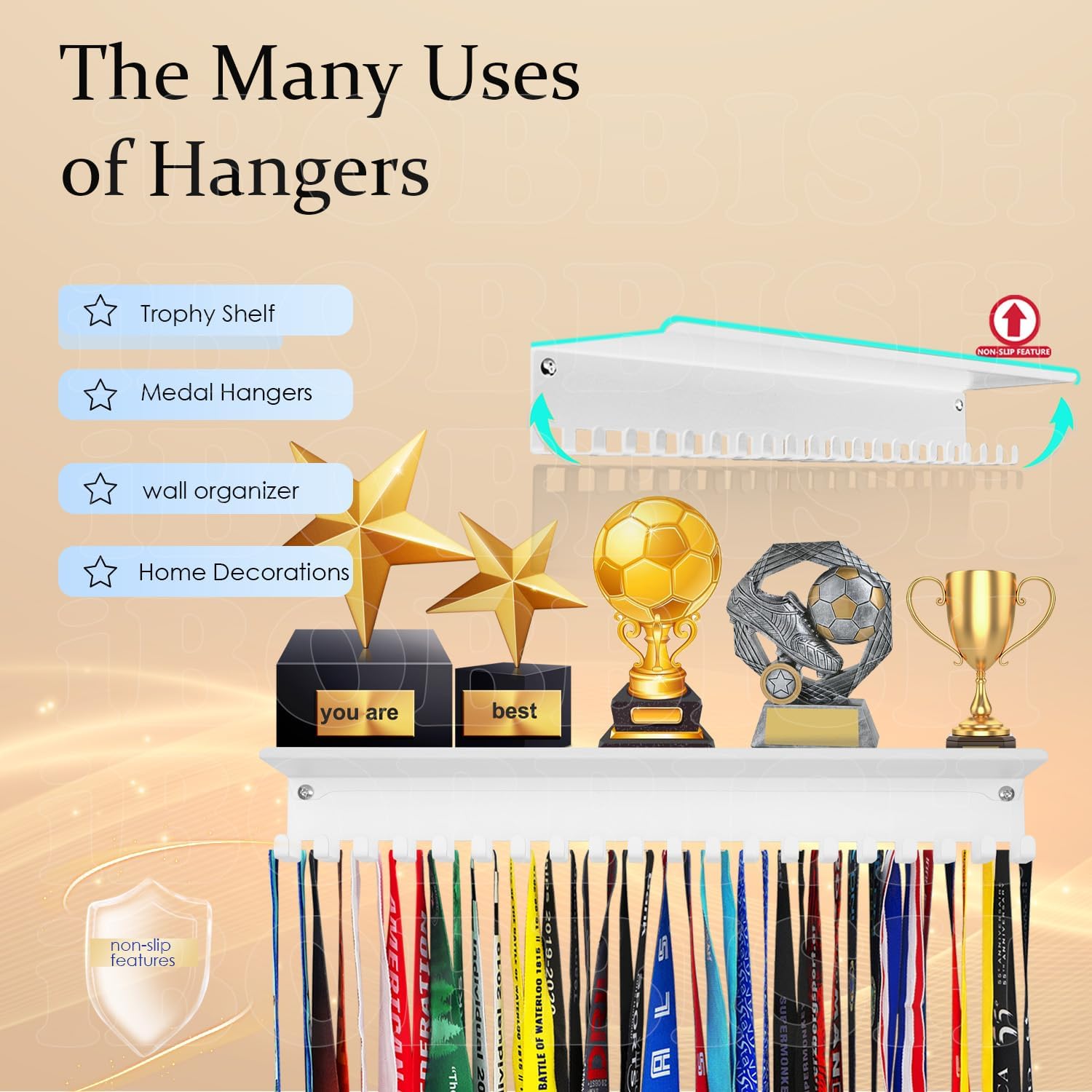 iBobbish Metal Medal Hanger Display,Non-Slip Trophy Shelf with 20 Hooks,Wall Mount,Heavy Duty,Non-Bent,Holds 22-33lbs,for Gymnastics,Race,Soccer,Swim