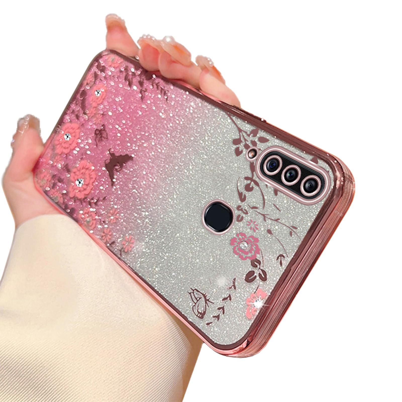 for Samsung Galaxy A20S Case,Galaxy A20S Case for Women Gradual Change Glitter Crystal Soft TPU Stylish Butterfly Floral Heart Clear Protective Cover with Strap for Galaxy A20S (Rose Gold)