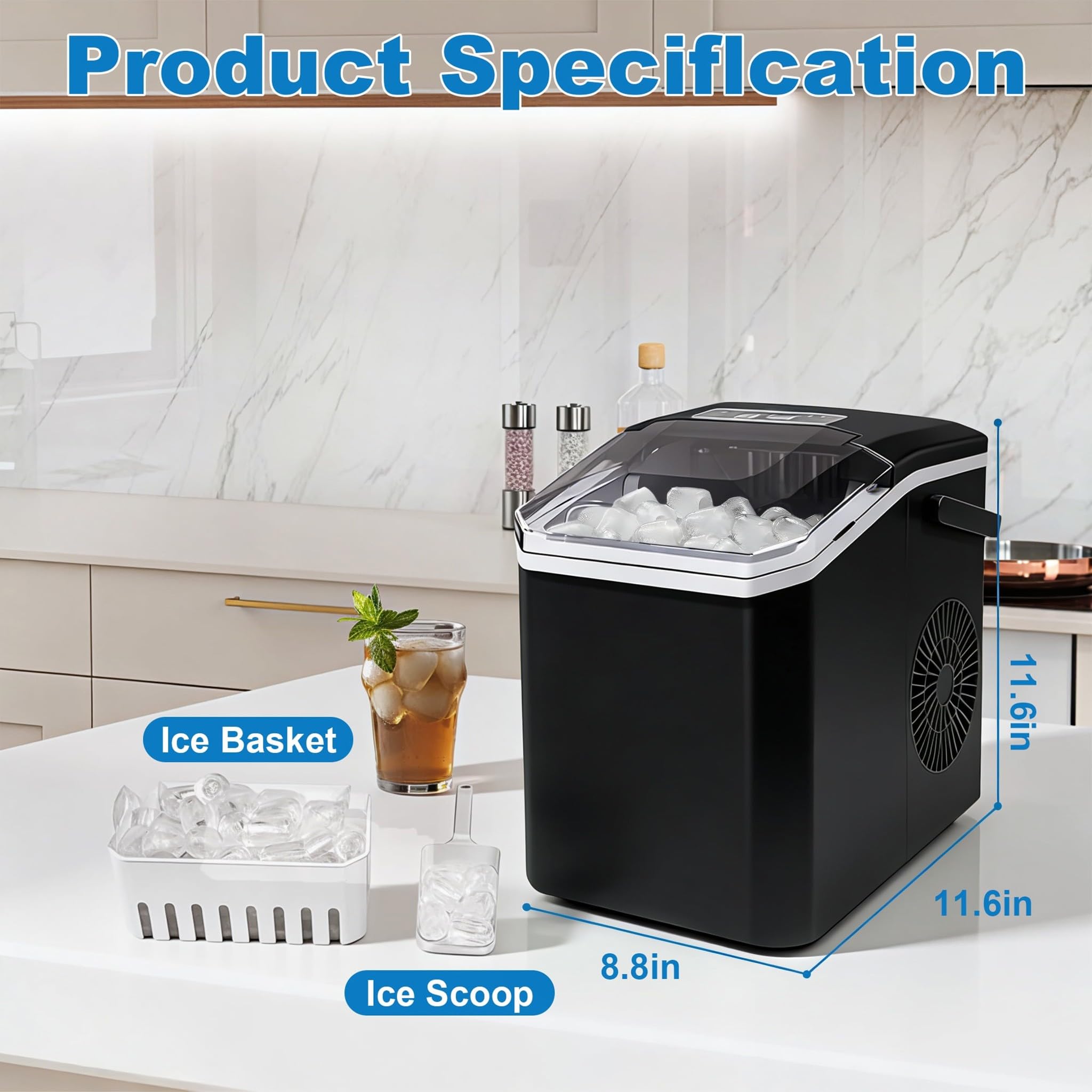 Fast Ice Making Countertop Ice Machine with 5 Ice Sizes, 30Lbs/24H, Self-Cleaning Portable Ice Maker for Kitchen Home Bar and Outdoor Activities — view 6