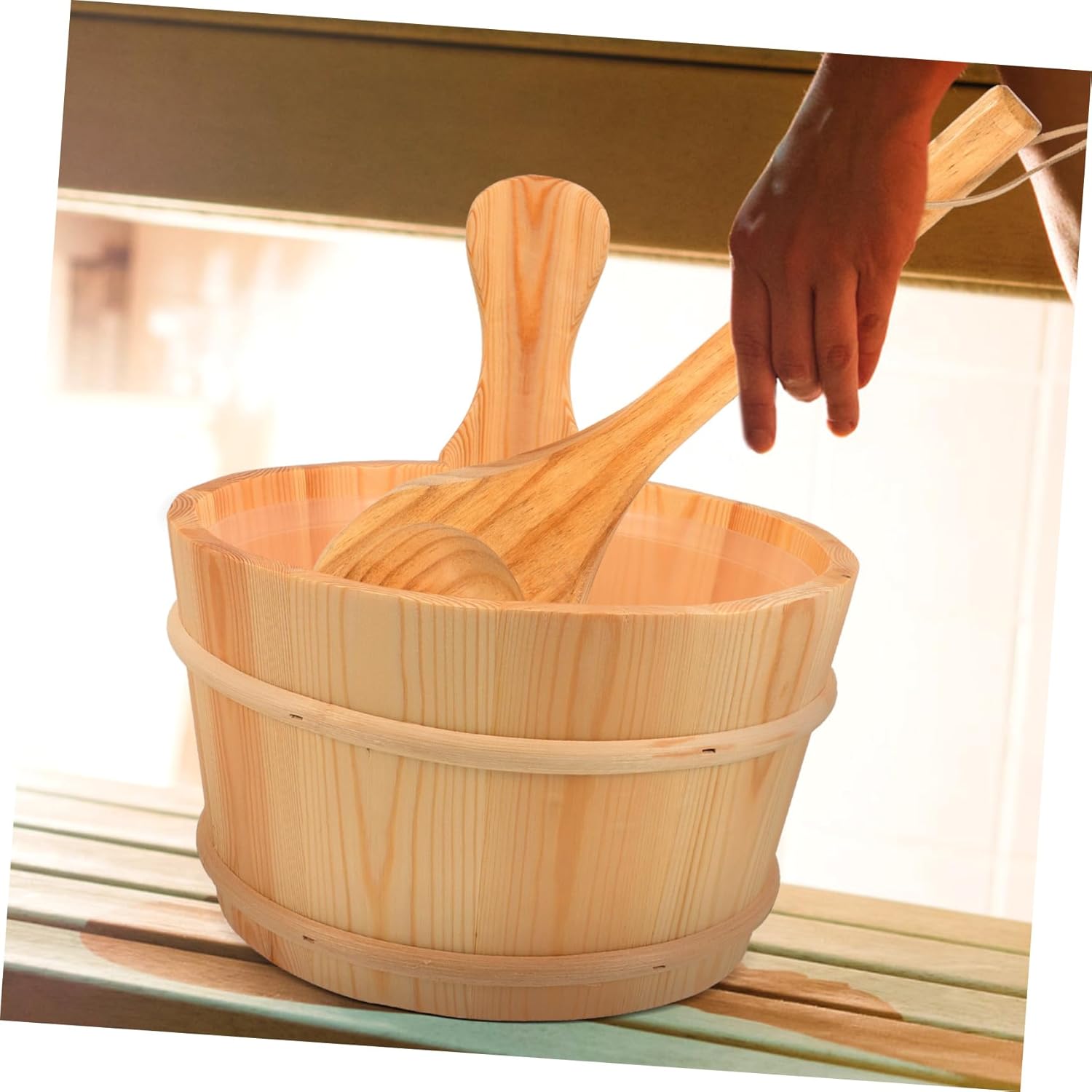 1set Wooden Sauna Bucket and Scoop Plastic Liner and Easy to Clean Accessories for Sauna Bath Spa Pool and Shower Use