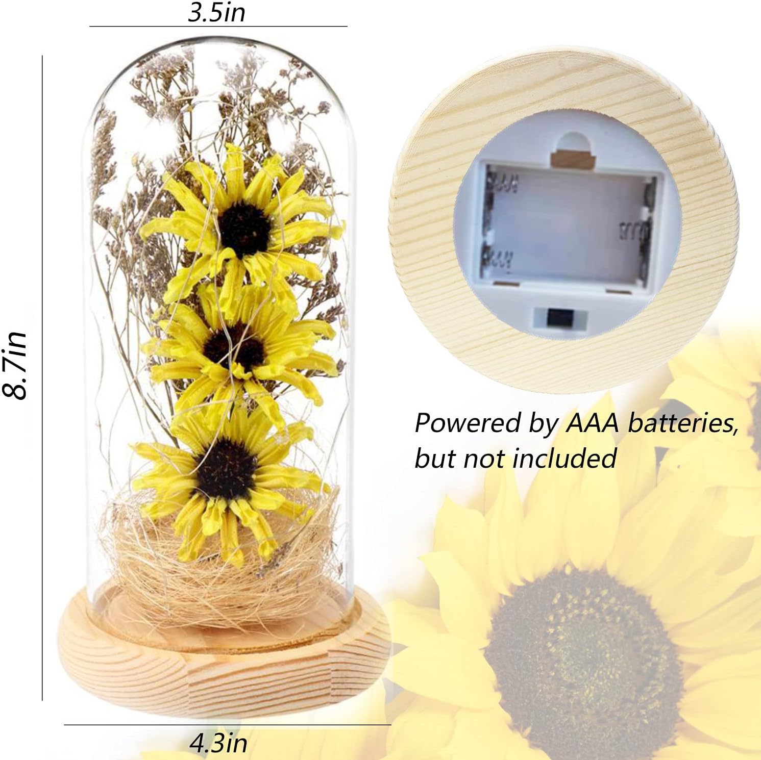Artificial Sunflower in Glass Dome with Led Light Strip,Express Your Love with Enchanted Sunflower Lamp Gift for her on Christmas Day,Mother's Day,Valentine's Day, Anniversary, Birthday– Yellow