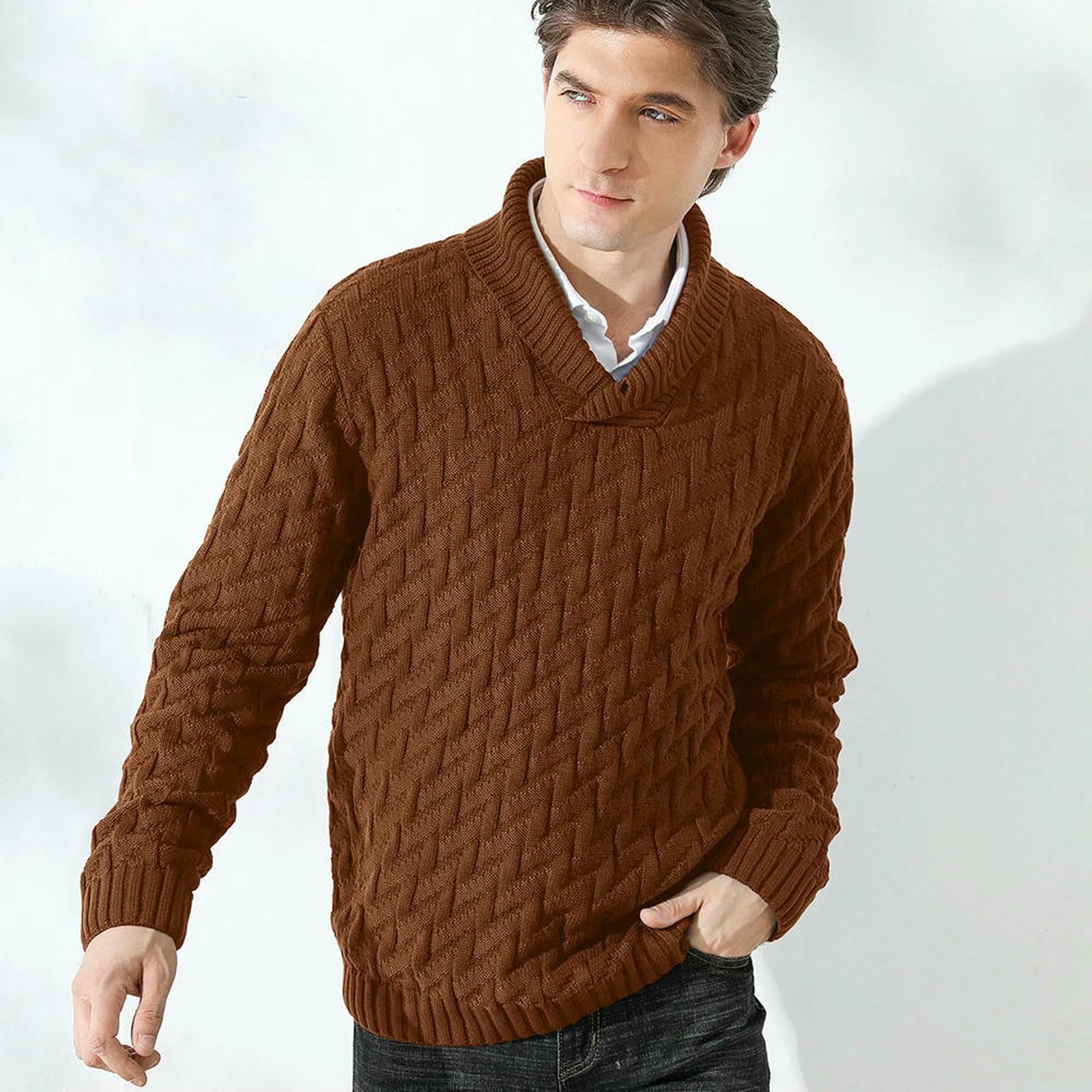 Suéter para Hombre Suéter De Invierno para Hombre, De Manga Larga, Holgado, Informal, De Color Sólido Y Grueso.-Amarillo-L