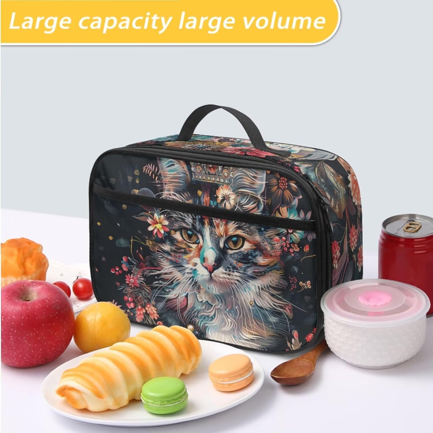 Girls Backpack Set with Lunch Box Lightweight 17 Inch Cute Floral Cat Backpack for Girls Kids Elementary Student Soft Padded Back Black School Bookbag Print Daypack