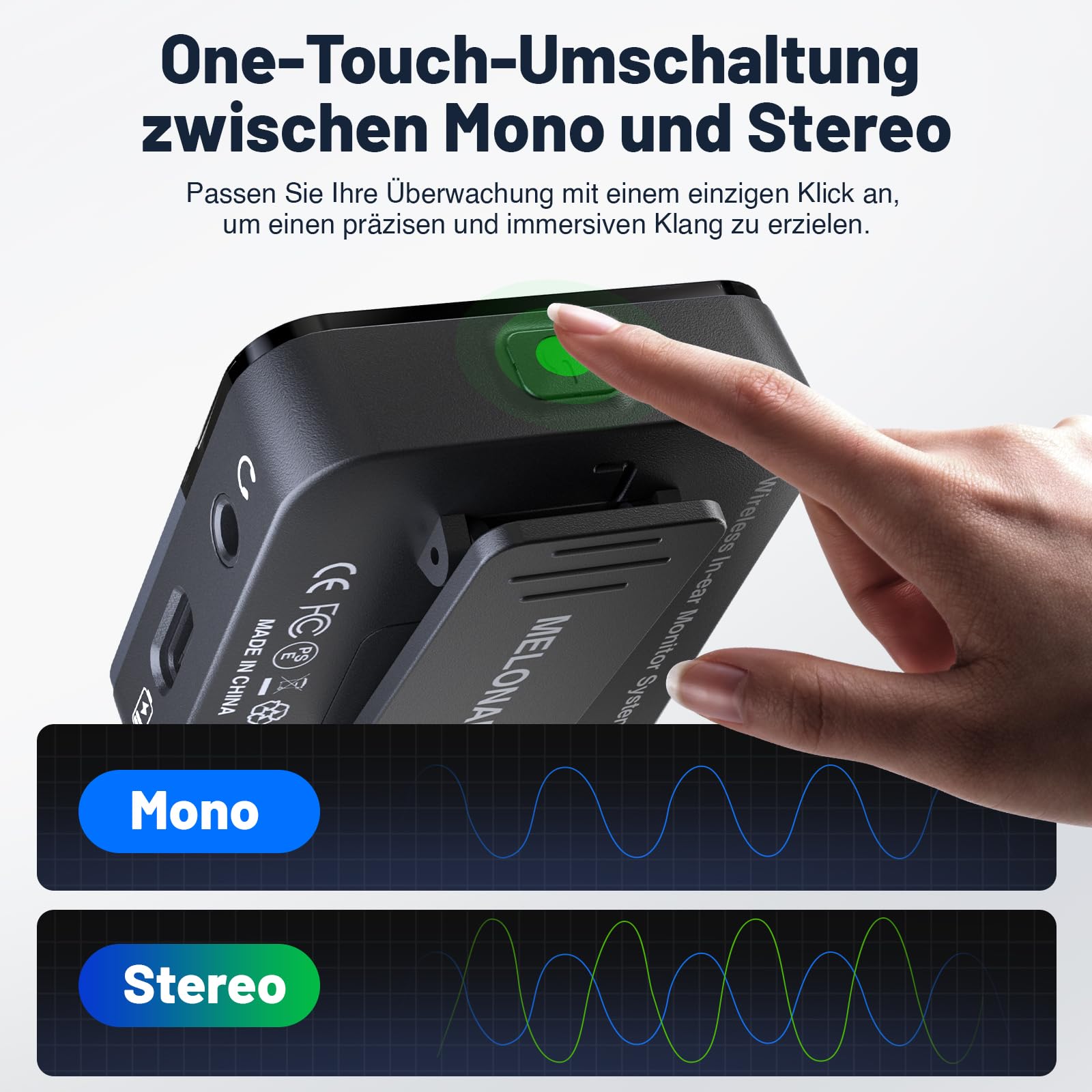 MELONARE PM-2 Tragbares kabelloses In-Ear-Monitor-System mit Ladecase, Sender & Empfänger, 24-Bit/48kHz Audio, OTG-Eingang, Mono/Stereo-Schalter, ideal für Live-Auftritte, Studio & Bands