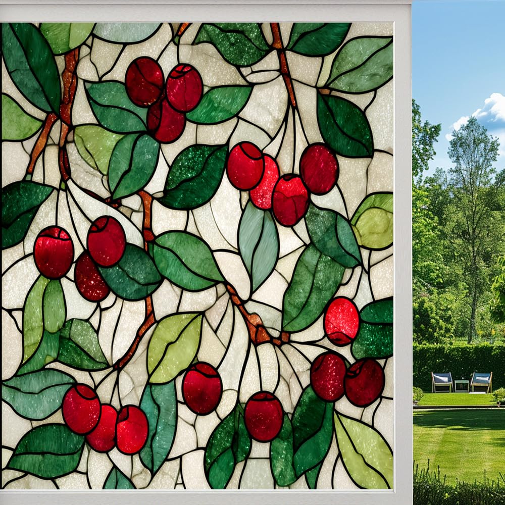 Cherry Branch Leaves Stained Glass Window Film, Colored Vintage Fruit Peel and Stick Privacy Film, Frosted Adhesive Vinyl Decorative for Bathroom Windows Glass Doors, （45x60cm）
