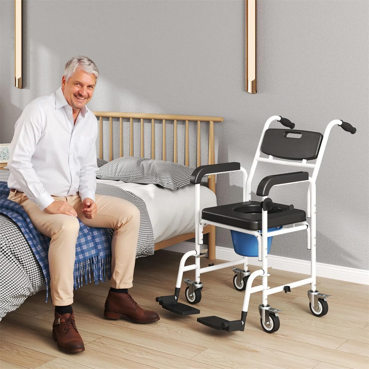4-in-1 Bedside Commode Chair, Shower Wheelchair Portable Toilet Rolling Transport Chair with Arms & 4 Brakes,Portable Toilet for Adults, Senior, Handicap,Elderly and Disabled,Weight Capacity 300lbs