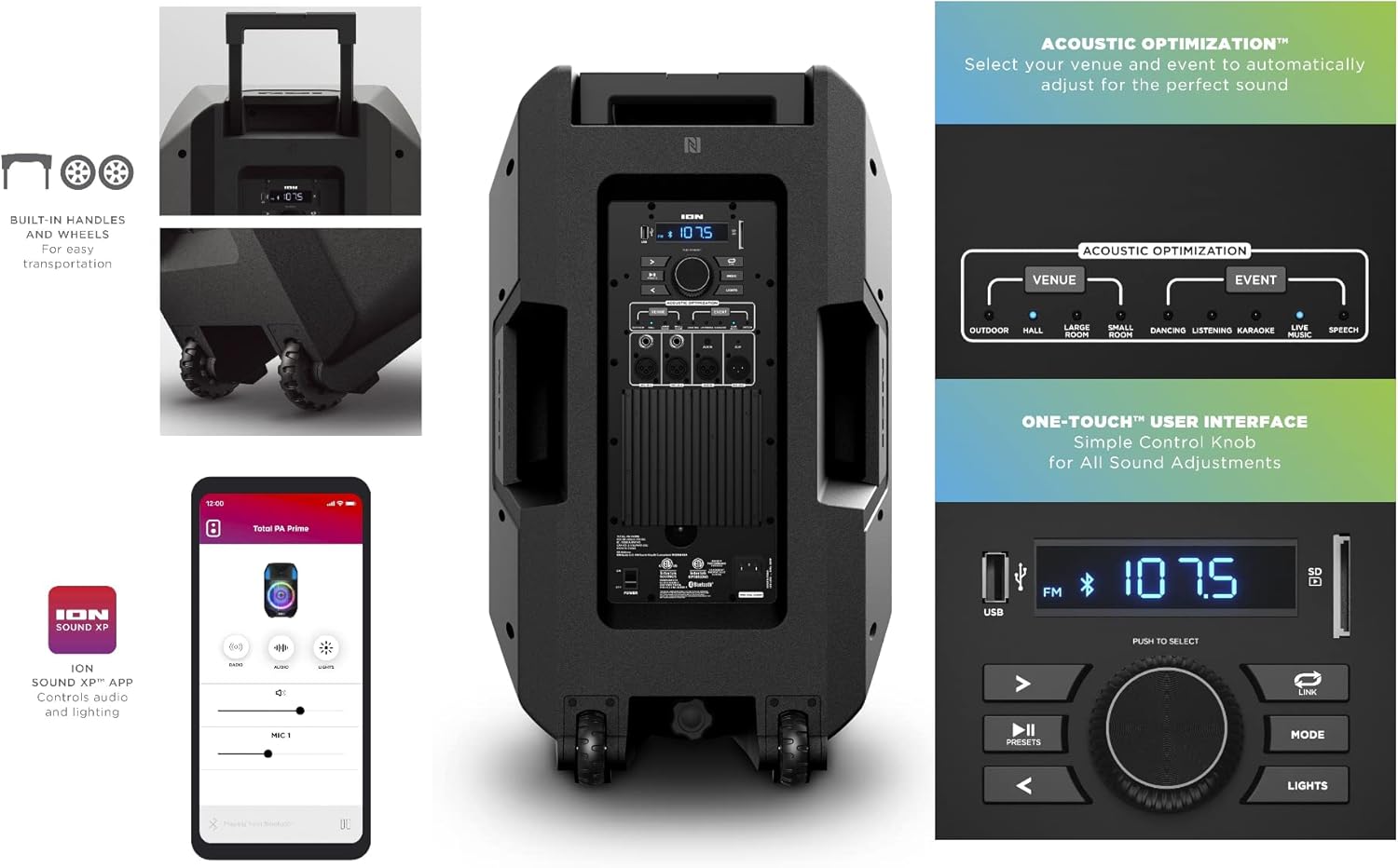 Rear view of ION Total PA Prime speaker showing control panel, handles, and wheels