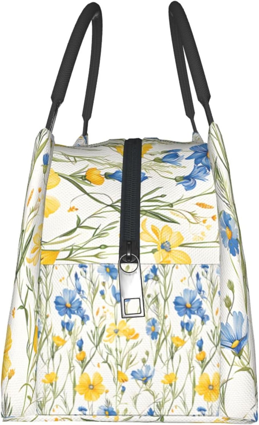 Wildflower Reusable Lunch Box,Vibrant Yellow Blue Floral Lunchbox for Girls Women Flower Lovers,Insulated Lunchbag,11in*6.3in*6.7in,Gifts Makeup Bag,Portable Handbag for Picnic Work Travel