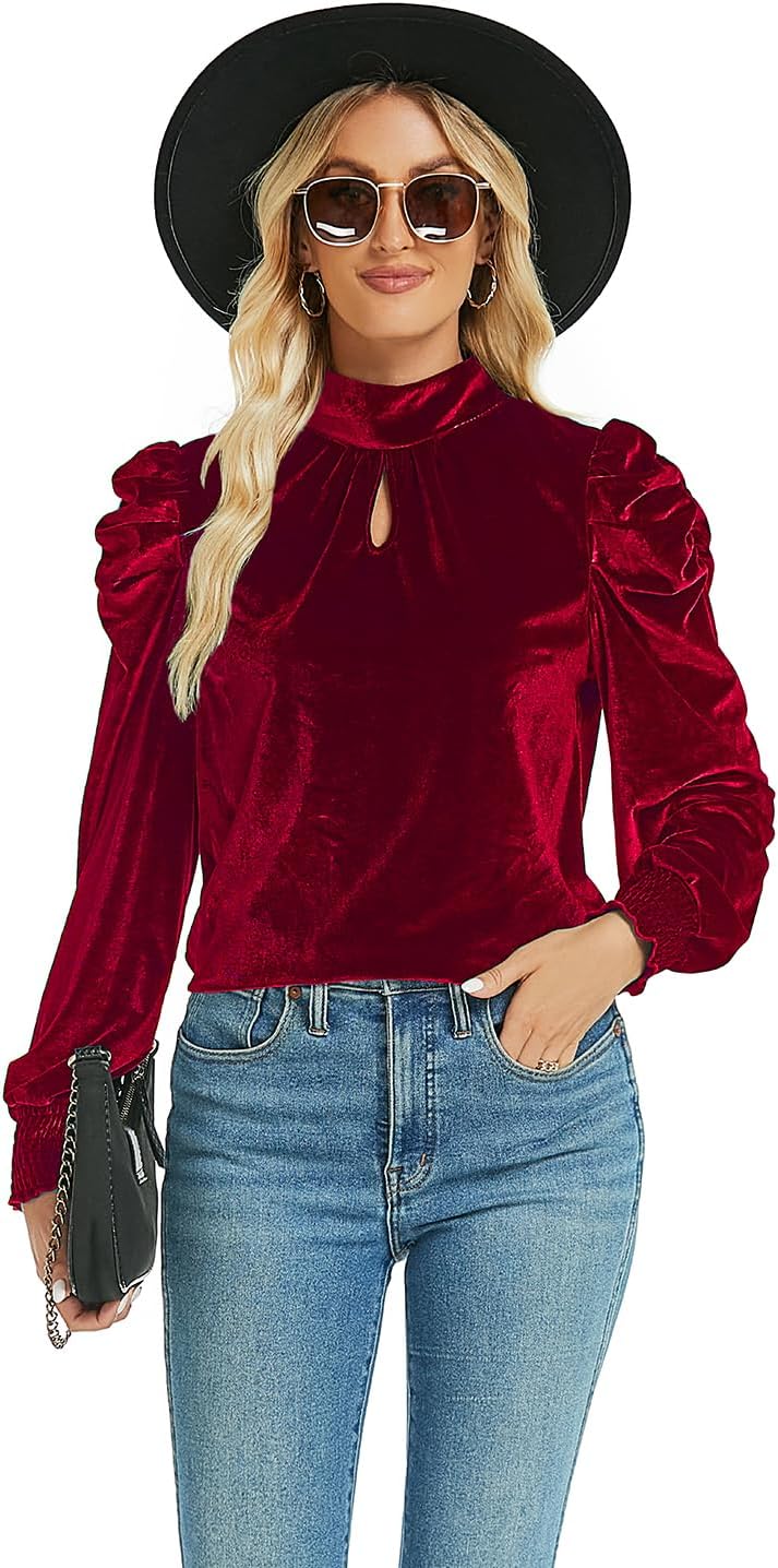Womens Mock Neck Puff Long Sleeve Velvet Tops Fall Winter Trendy Dressy Casual Elegant Shirts Blouse - Image 4