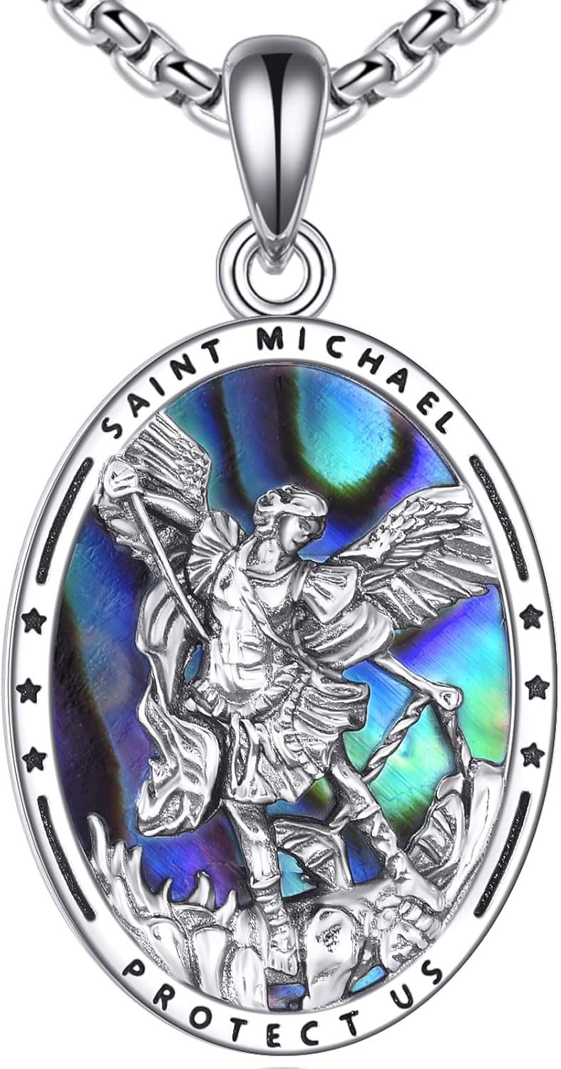 925 Sterling Silver Religious Medal St Michael St Raphael Memento Mori Santa Muerte Pendant Necklace Jewelry Gifts for Men Women