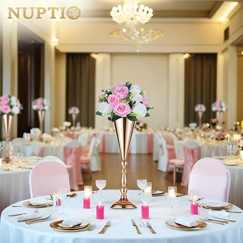 Miniatura 6 de NUPTIO Centros de mesa de flores para mesas de boda: arreglo de 6 piezas de flores artificiales rosas y blancas para bodas y fiestas - Rosas Rosa y
