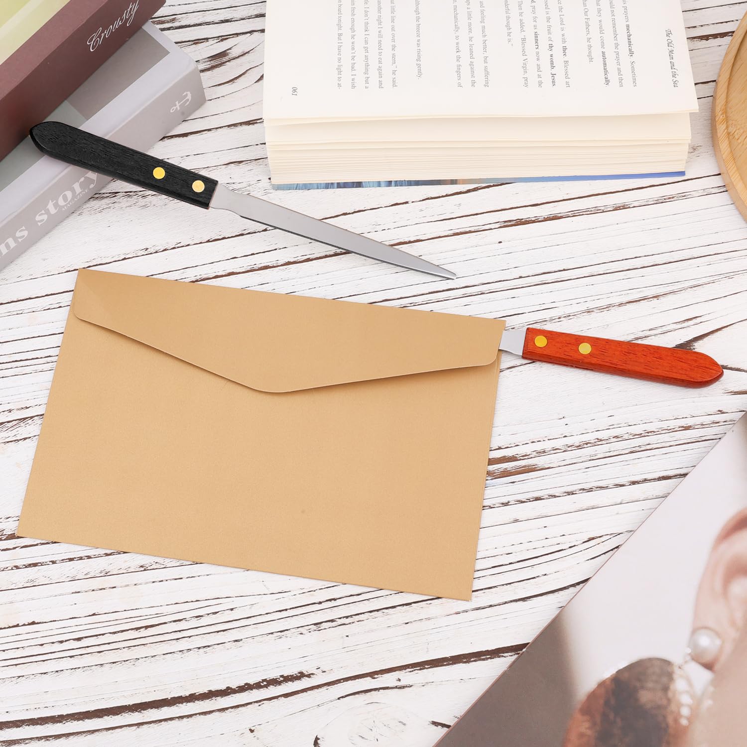Lot de 2 Ouvre-Lettres en Acier Inoxydable avec Manche en Bois, Ouvre-Enveloppes Multifonctions