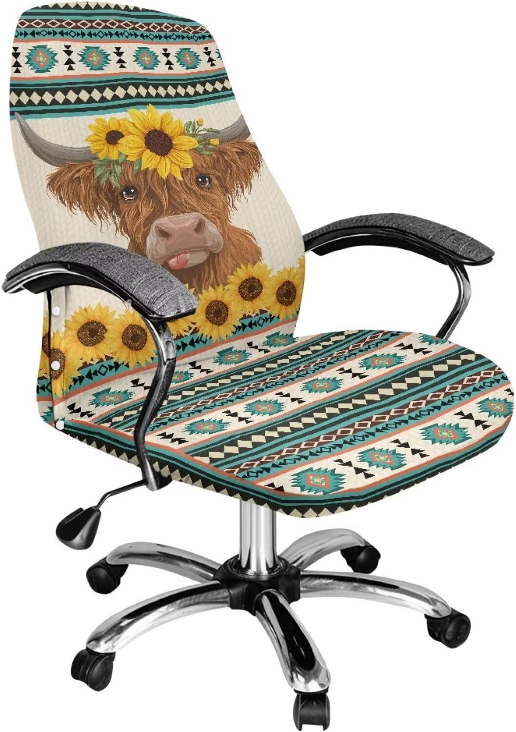 Wanyint Aztec Highland Cow Sunflower Blue Desk Chair Cover Stretch Office Chair Slipcover Dustproof Desk Computer Chair Cover High Back Chair Protective Cover Easy to Install, L