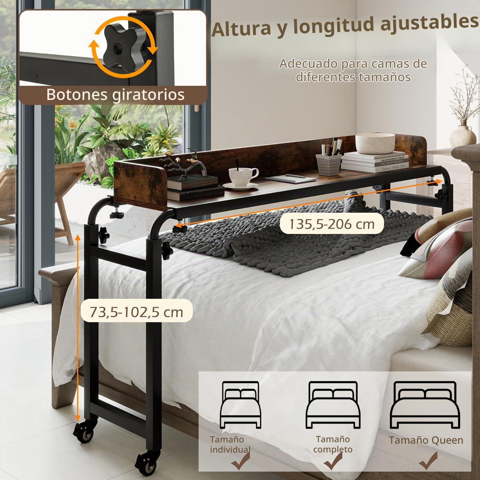 LIFEZEAL Mesa de Cama con Ruedas 117x35 cm, Café | Mesa Auxiliar con 4 Ruedas, Altura y Anchura Ajustables, Compatible con Varias Camas, para Dormitorio o Salón