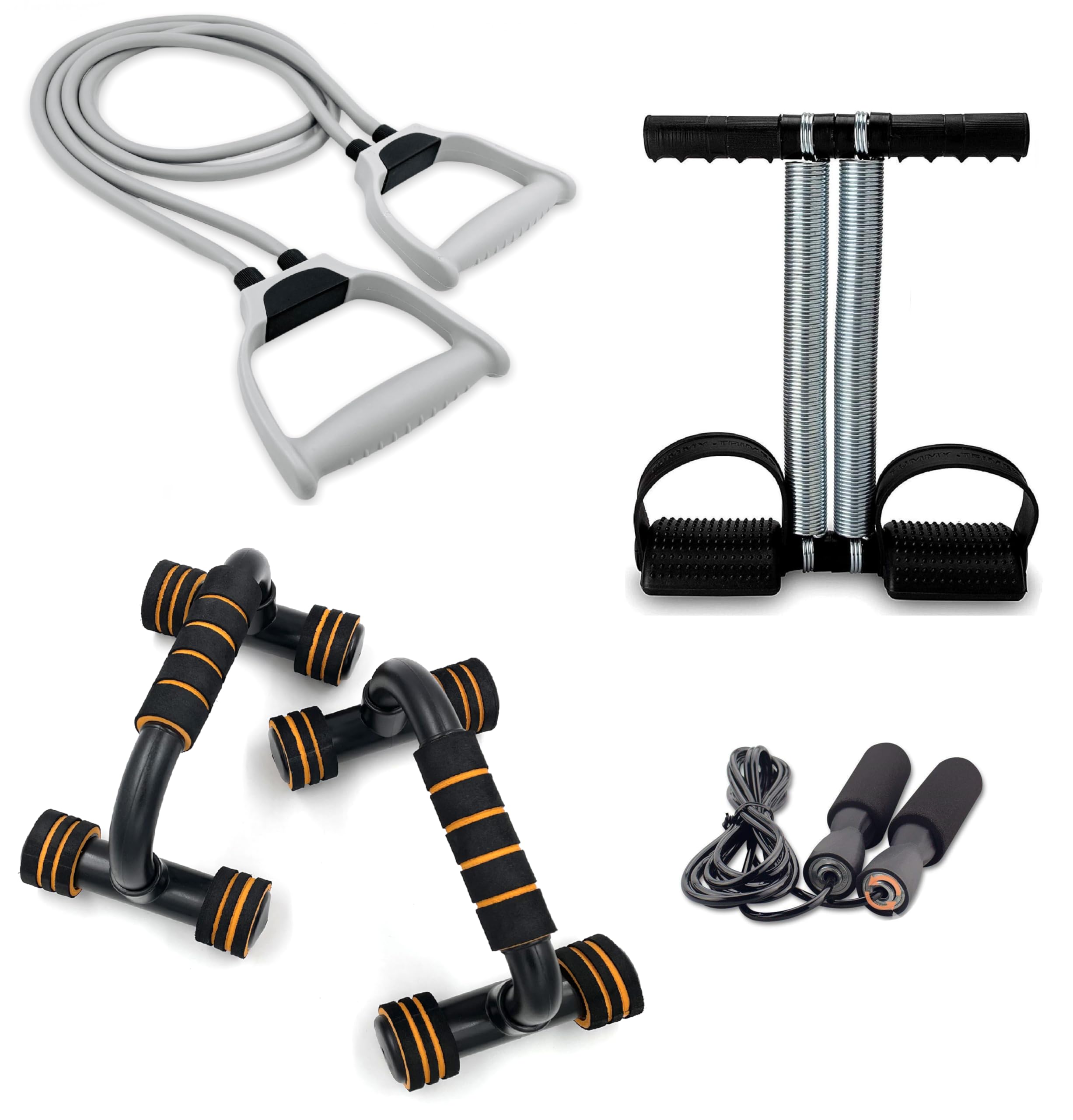 Sixteen Full Body Workouts Gym Home Equipment Combo Set for Men Women Exercise Kit – Pack of 4 (Tummy Trimmer, Toning Tube Band, Pushup Stand, and Skipping Rope)-picture-30