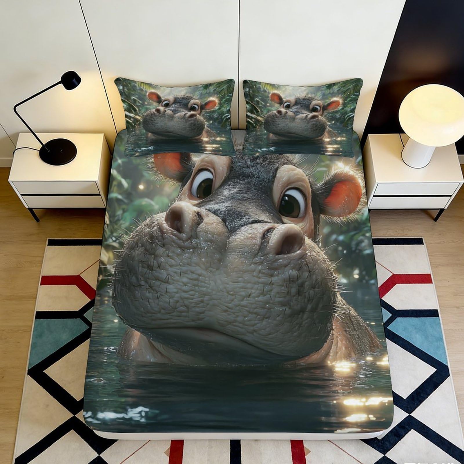 3D Printed Hippo Fitted Sheet Microfiber Soft Durable Cartoon Animal Bed Cover for Bedroom Dormitory Guest Room Mattress Protection Decor 140x200x25cm