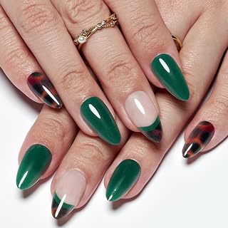GLAMERMAID Amber Nude French Tip Press on Nails Medium Almond, Tortoise Dark Green Gel Glue on Nail, Short Stiletto Reusable UV Finish Fake Nails, Acrylic Oval False Nails Manicure Kits for Women