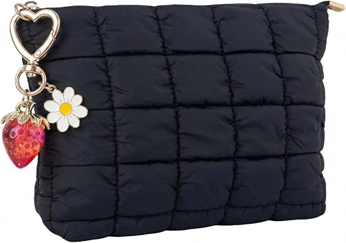 Black Puffer Quilted Makeup Bag for Women with Strawberry Keychain - 10 Roomy Puffy Cosmetic Pouch, Travel Toiletry Organizer Bag (BK-Sty-R)